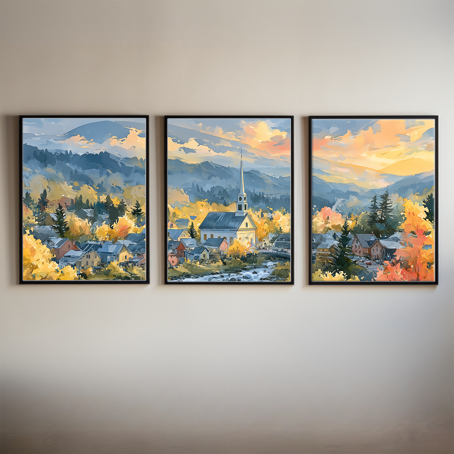 Stowe Vermont Scenic Mountain Watercolor Triptych Wall Art, Set of 3 New England Prints