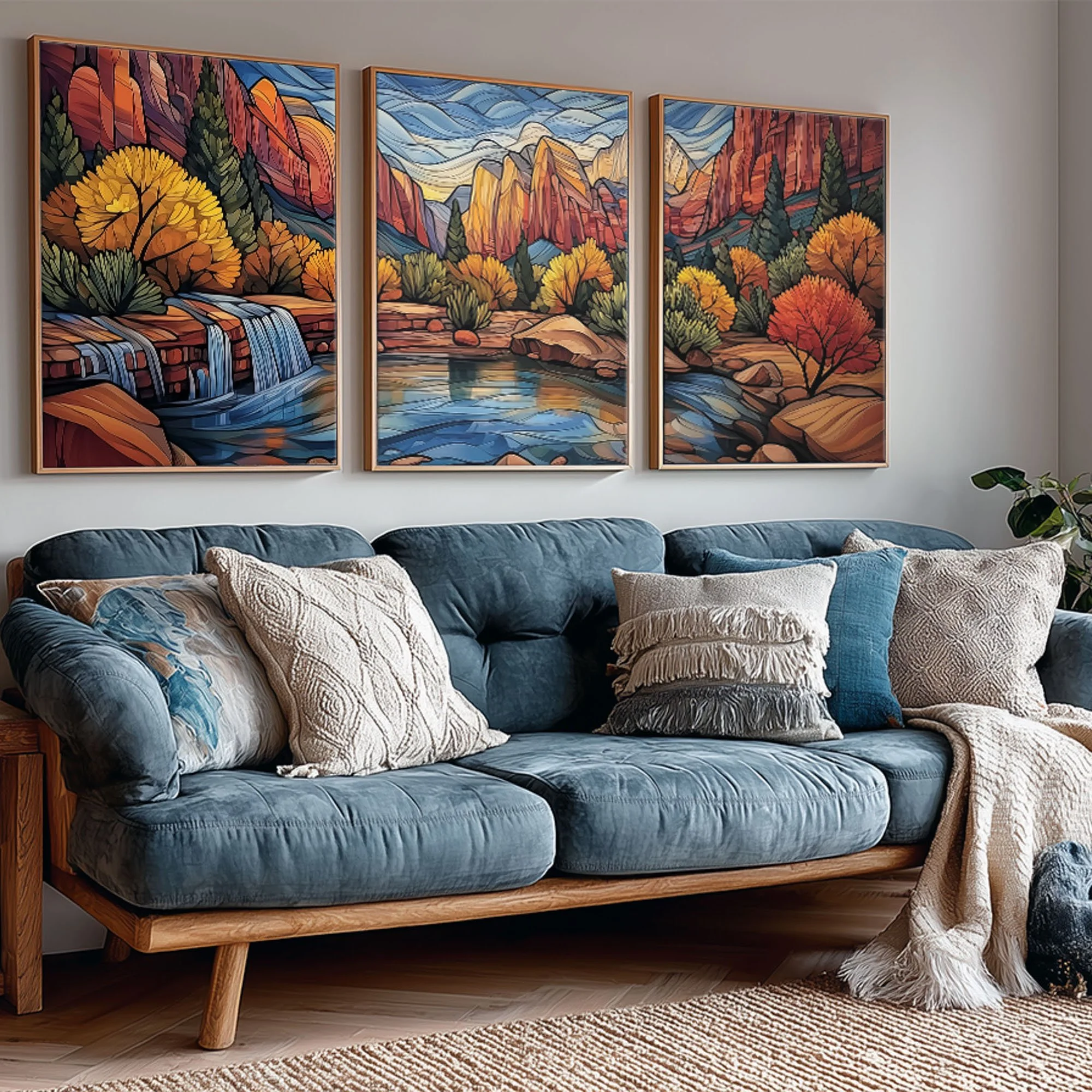 Zion National Park Emerald Pools abstract acrylic triptych styled above a blue sofa