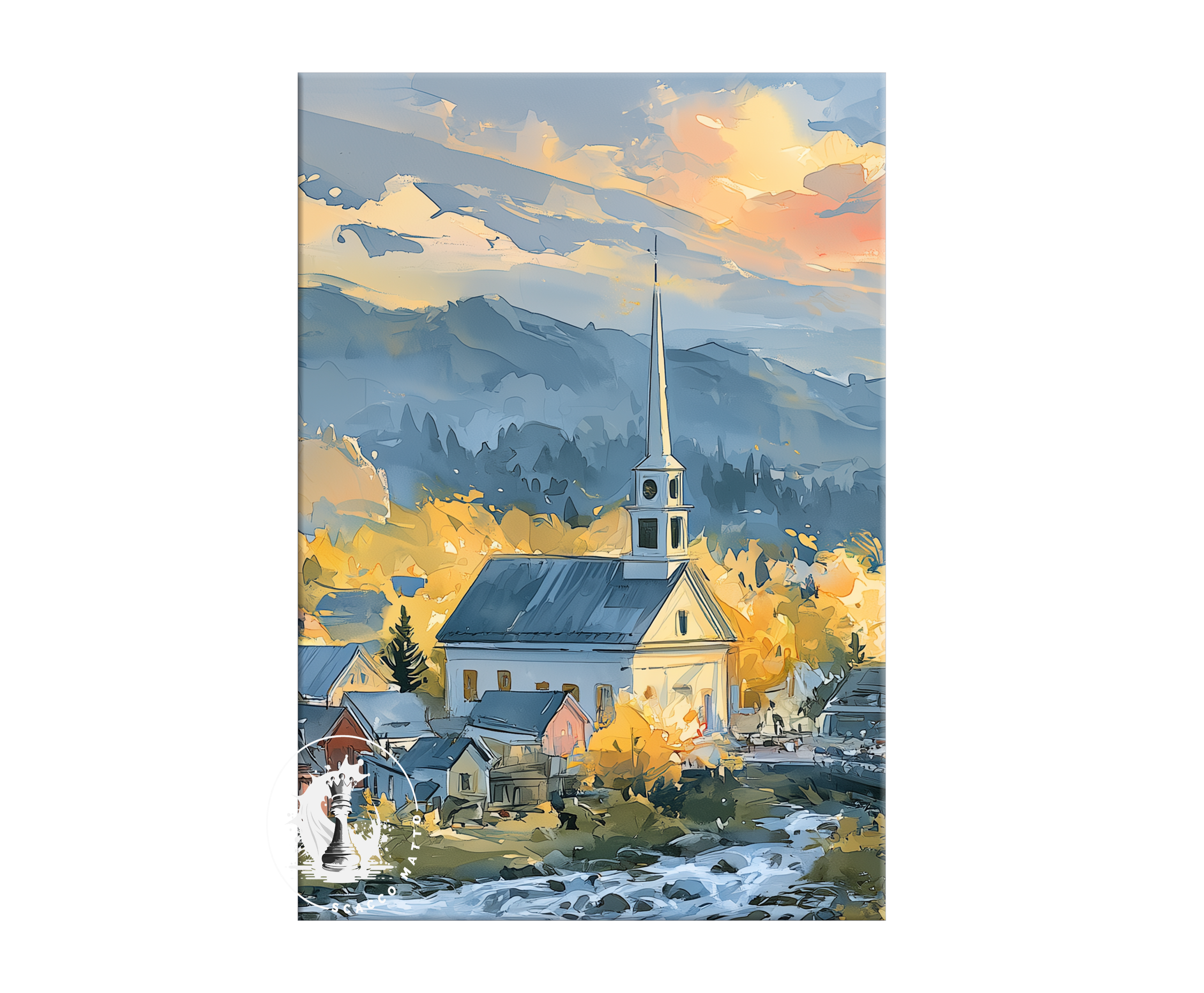 Single-panel watercolor print of a Stowe Vermont church steeple among autumn hills