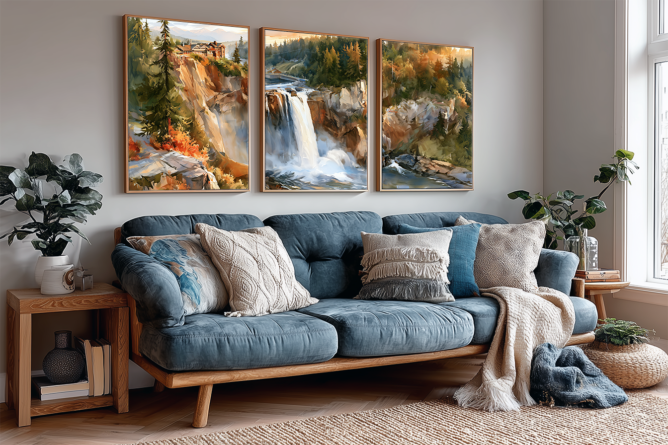 snoqualmie-falls-washington-misty-waterfall-watercolor-triptych-wall-art-set-of-3-pnw-prints-angle-living-room.webp