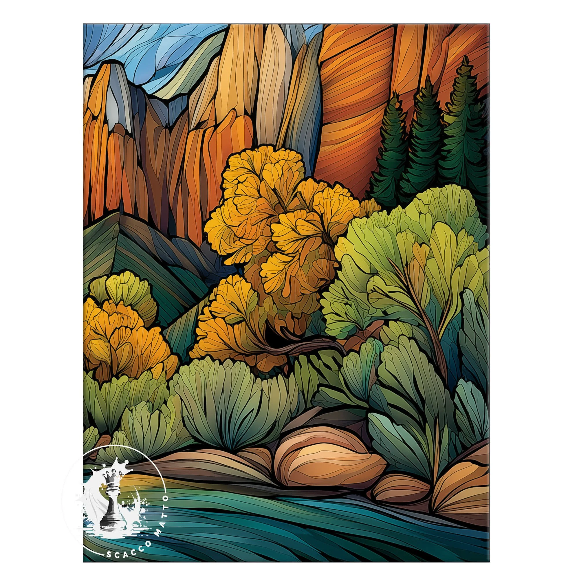 Close-up of the left section of Kolob Canyons Zion National Park abstract acrylic artwork, showing canyon walls, trees, desert plants, and blue water.