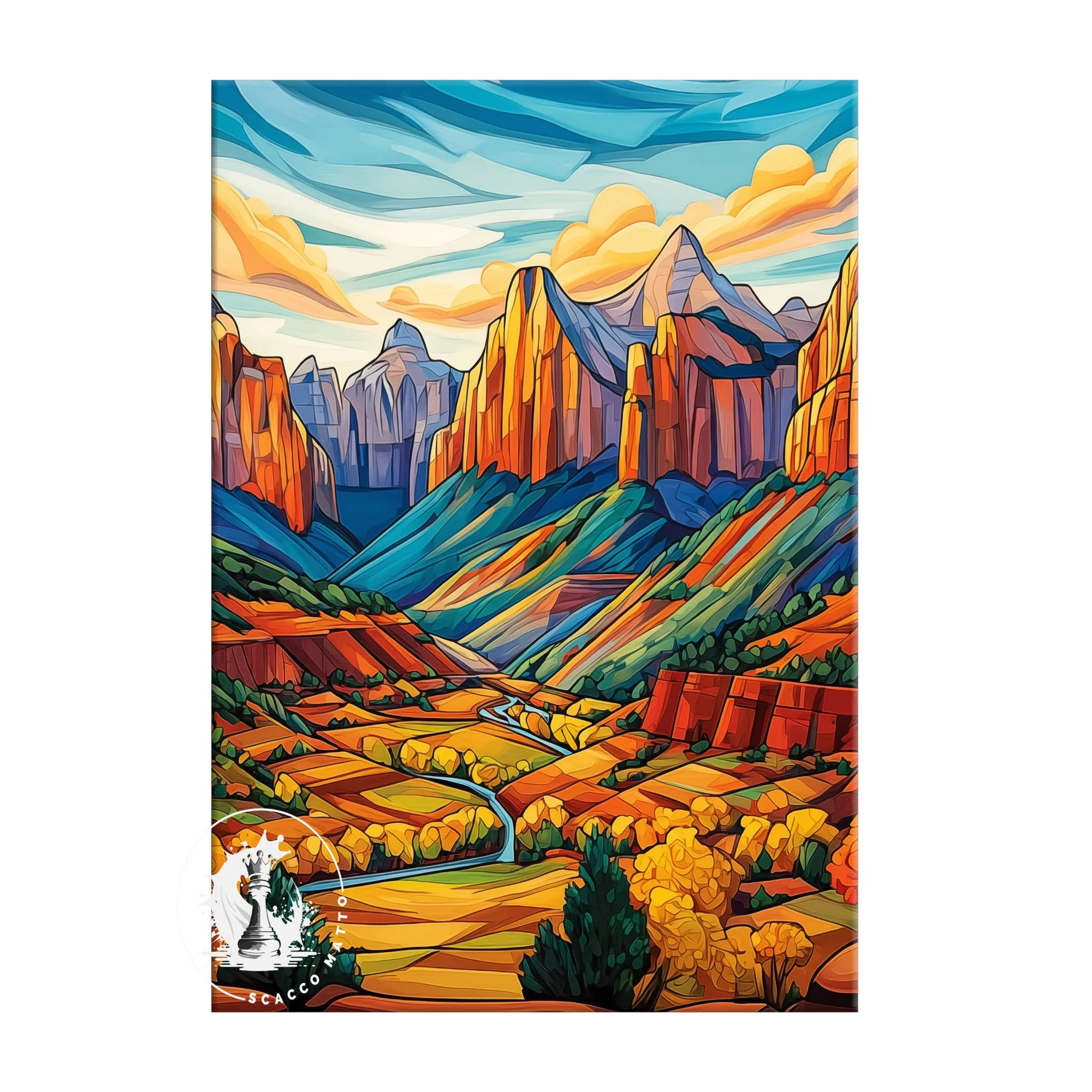 Right panel of Kolob Canyons in fall abstract acrylic triptych, featuring layered canyon walls, a sunlit valley, and sweeping clouds.