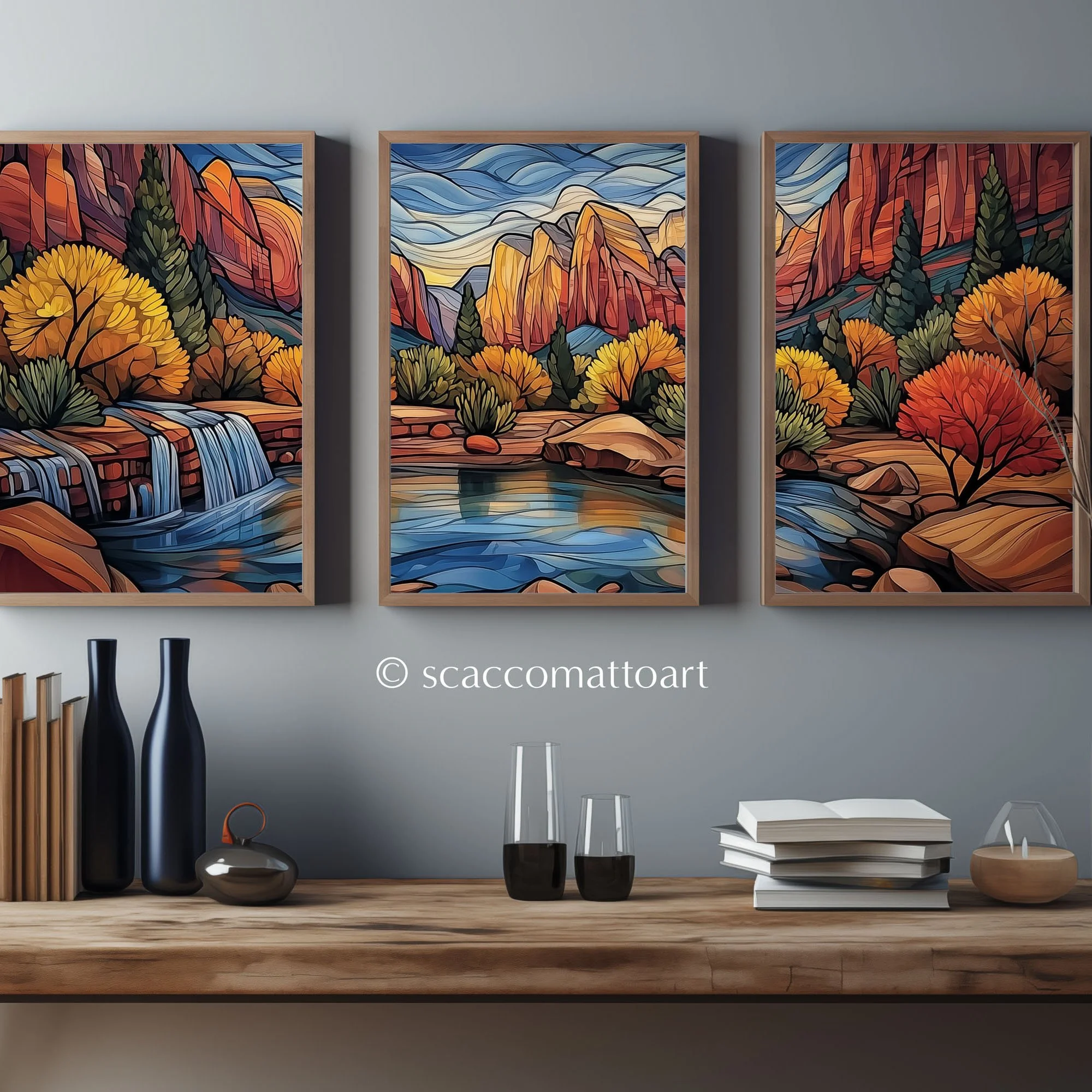 Zion National Park Emerald Pools abstract acrylic triptych framed above a wooden console table