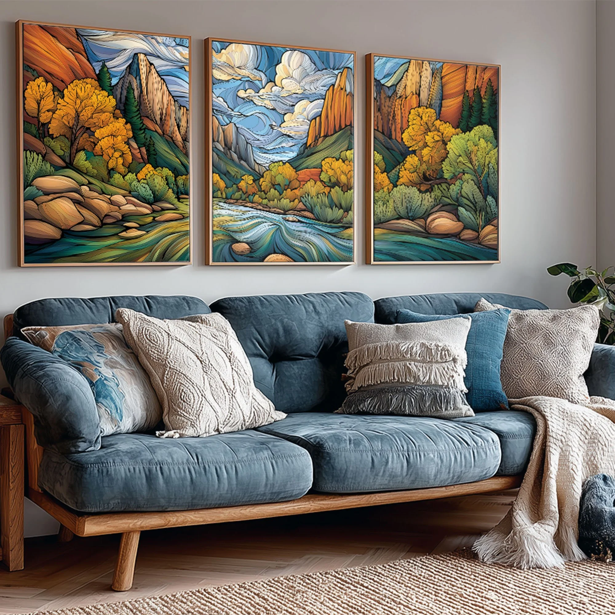 Kolob Canyons Zion National Park abstract acrylic triptych displayed above a blue sofa in a cozy living room.