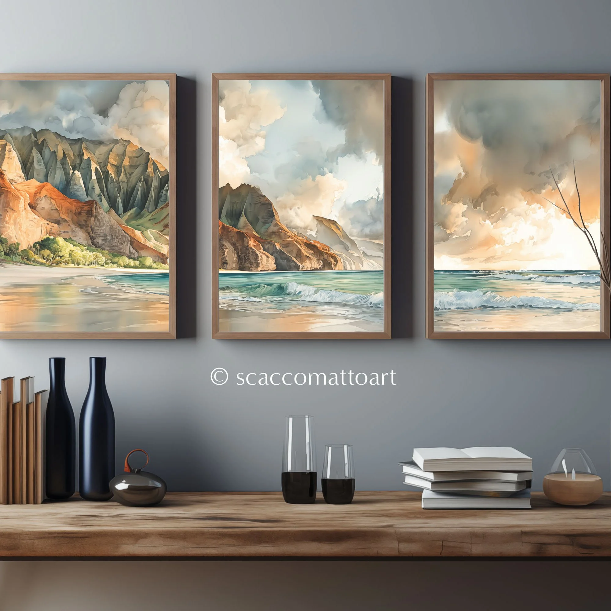 Na Pali Coast Watercolor Triptych Teal Ocean Panorama Wall Art Print Set