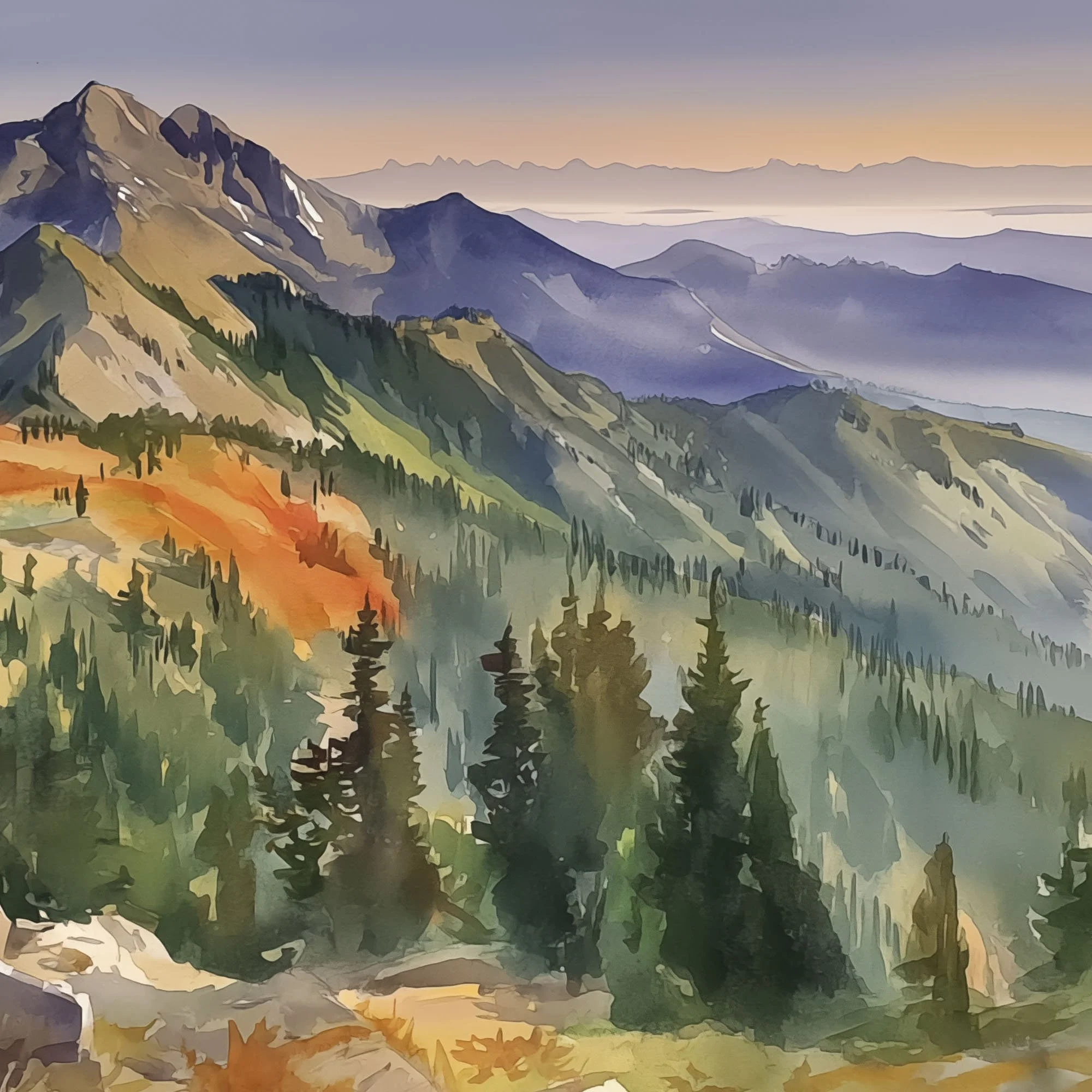 Left panel of Olympic National Park Distant Mist triptych featuring rocky foreground, evergreens, and mountain light