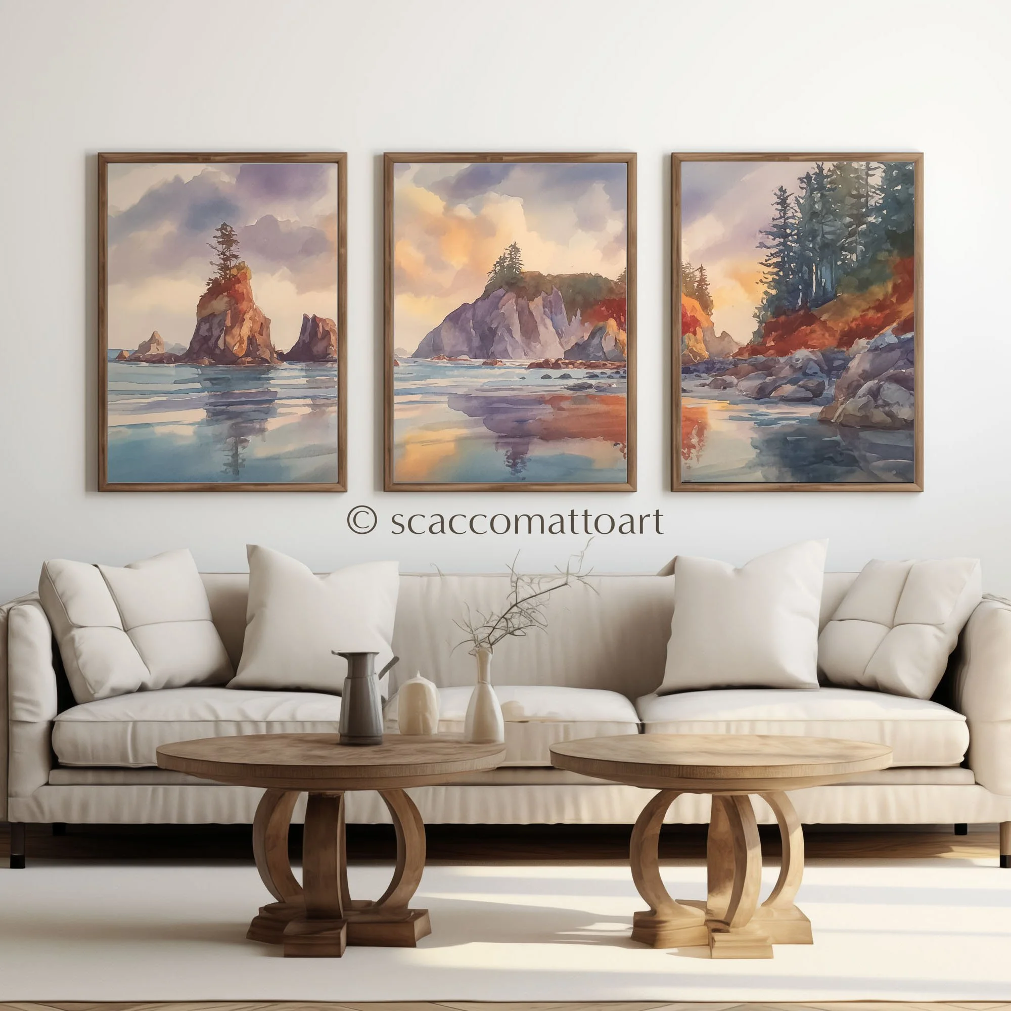 Olympic National Park Coastal Sunset Fireworks triptych displayed above a cream living room sofa