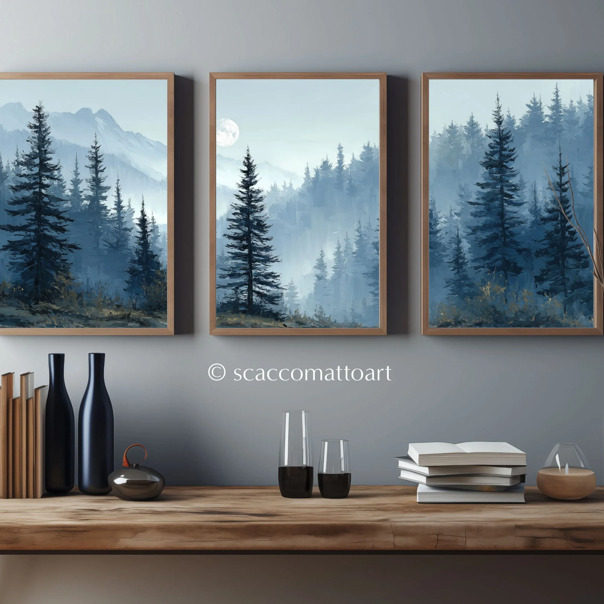 Olympic National Park by Moonlight watercolor triptych framed above a wooden console table