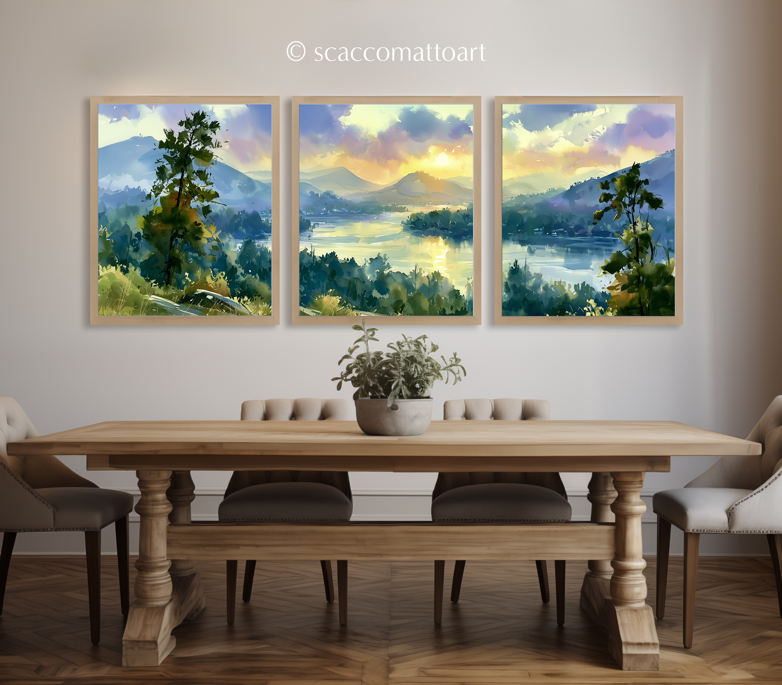 lake-lure-north-carolina-sunset-watercolor-triptych-wall-art-dining-room.webp