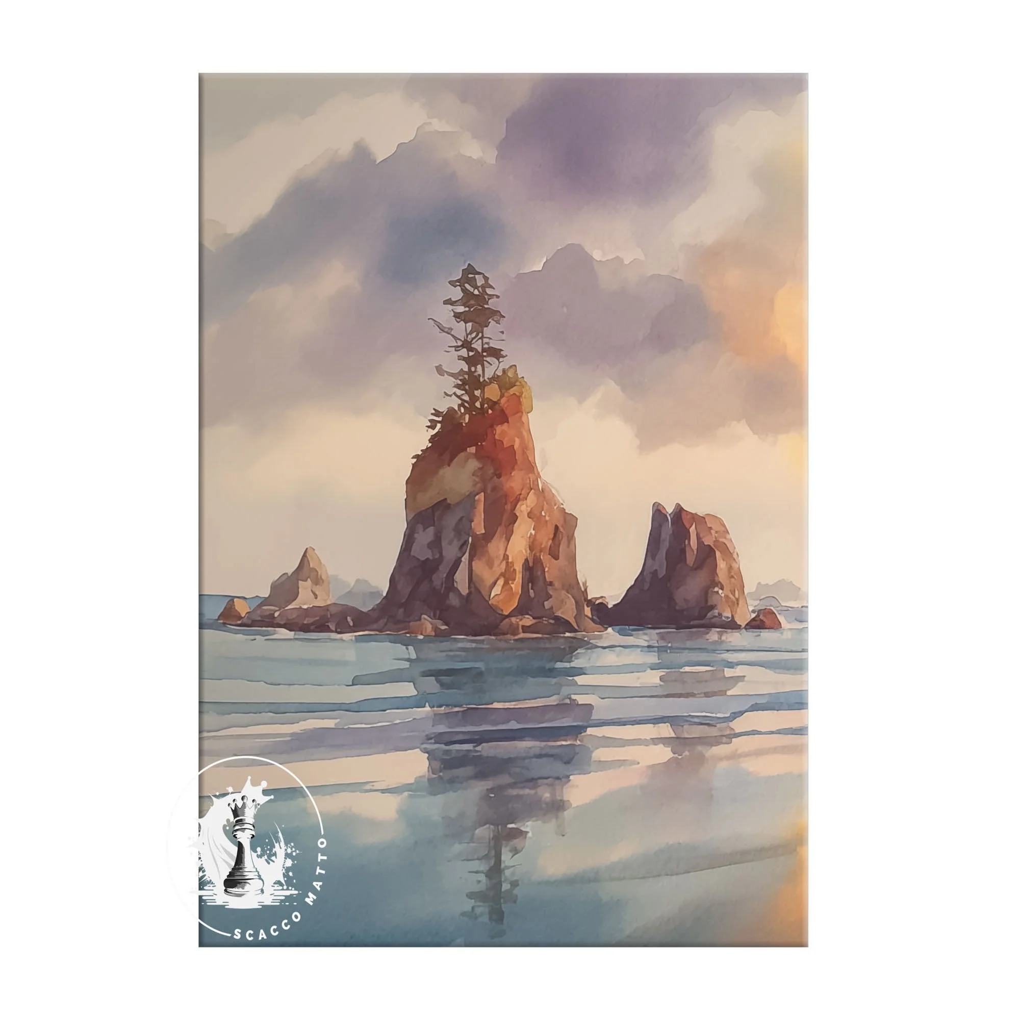 Left panel of Olympic National Park Coastal Sunset Fireworks triptych featuring sea stacks and sunset reflections on water