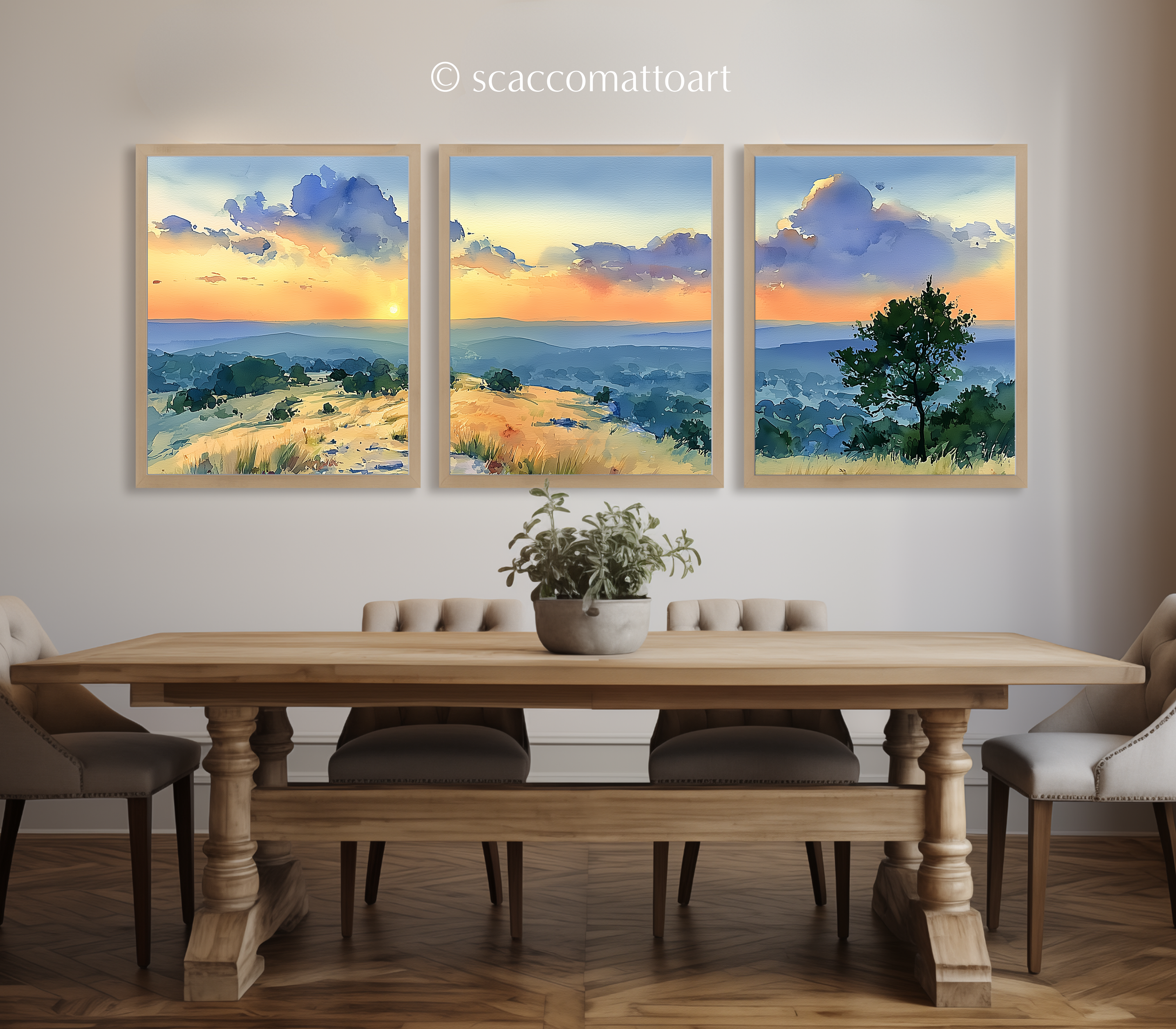 texas-hill-country-rolling-hills-watercolor-triptych-wall-art-dining-room.webp