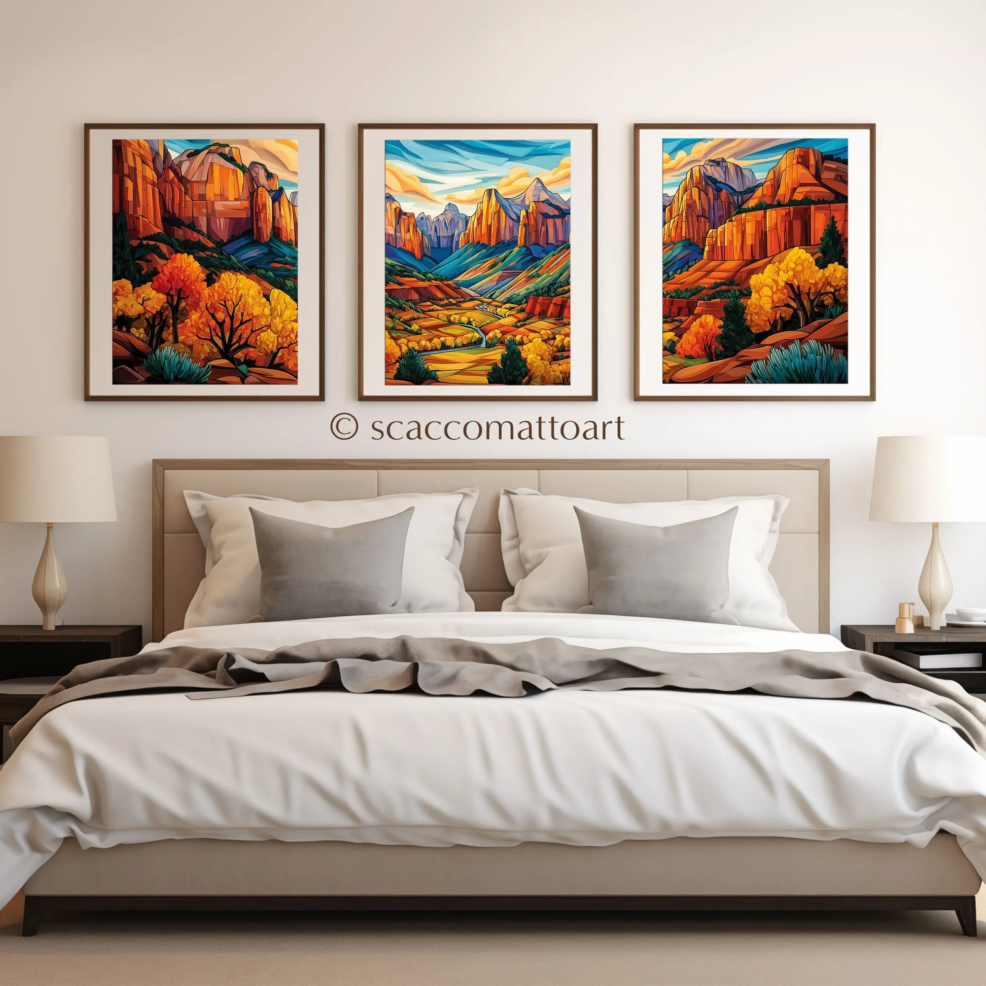 Kolob Canyons in fall abstract acrylic triptych wall art shown above a bed in a neutral bedroom.