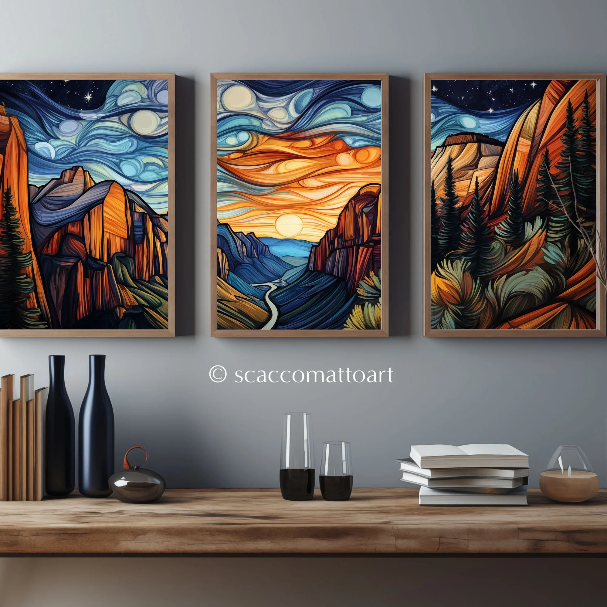 Zion National Park Zion Canyon Overlook Sunrise abstract acrylic triptych framed above a wooden console table