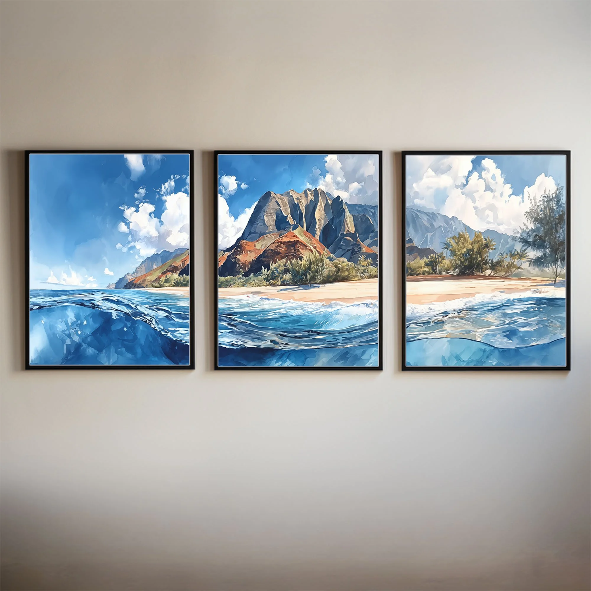 Na Pali Coast Kauai Ocean View Watercolor Panorama Triptych Wall Art Print Set