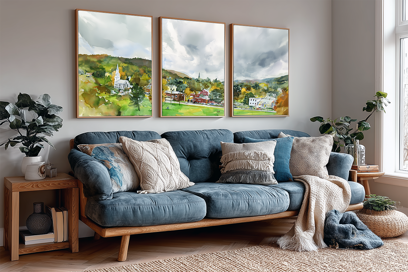 woodstock-village-vermont-watercolor-triptych-wall-art-angle-living-room.webp