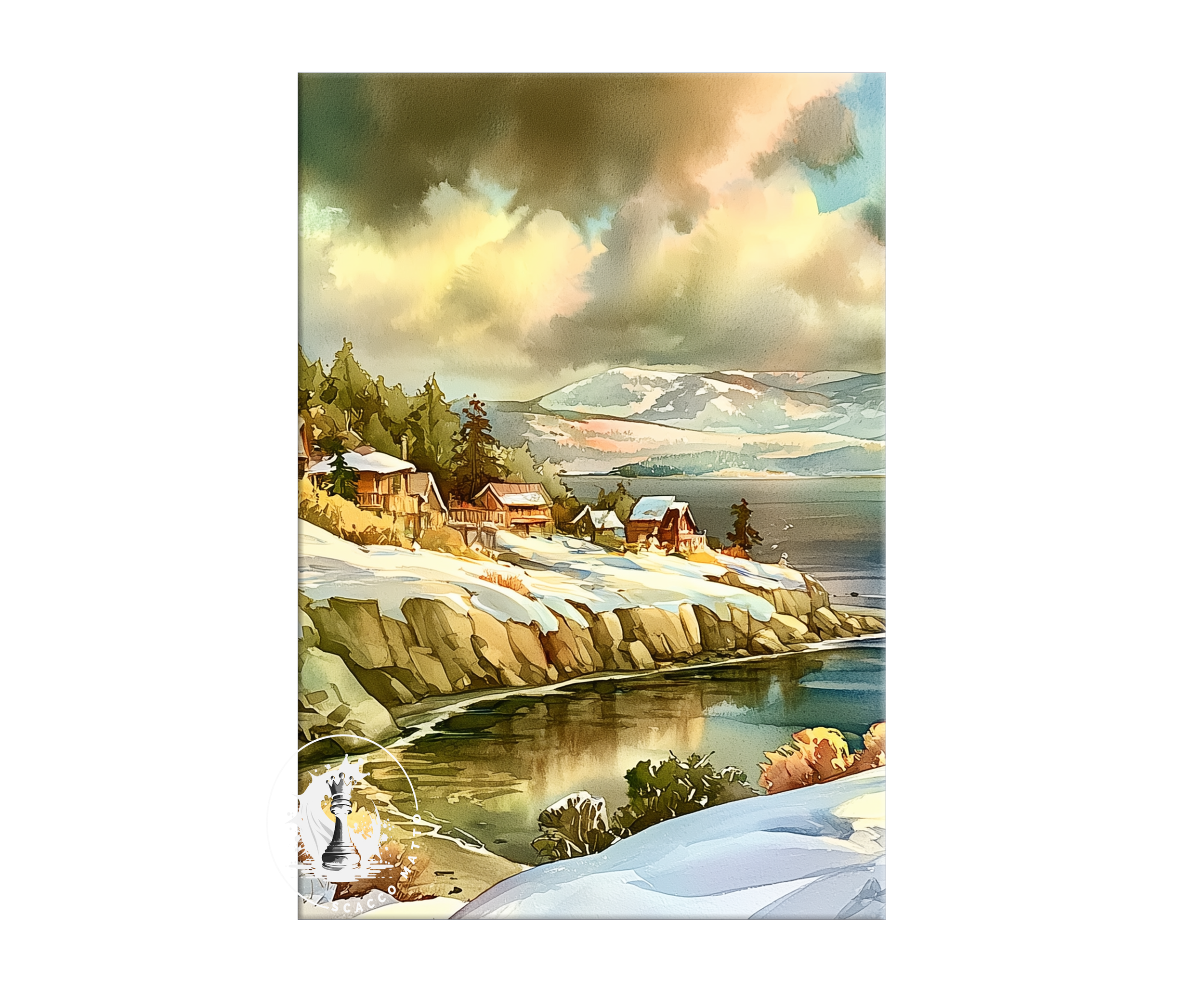 Watercolor view of a snowy San Juan Islands Washington shoreline and distant islands