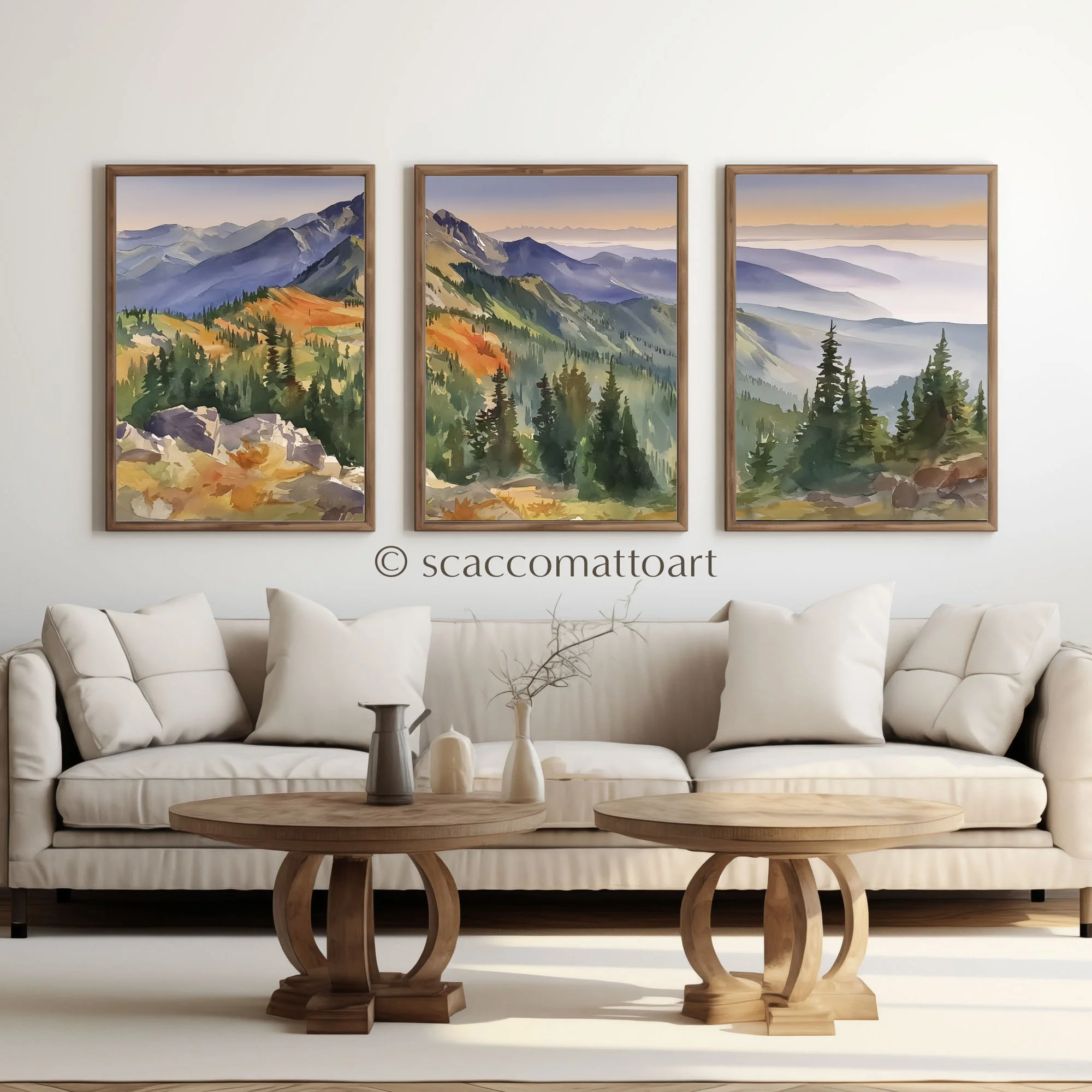 Olympic National Park Distant Mist watercolor triptych displayed above a cream living room sofa