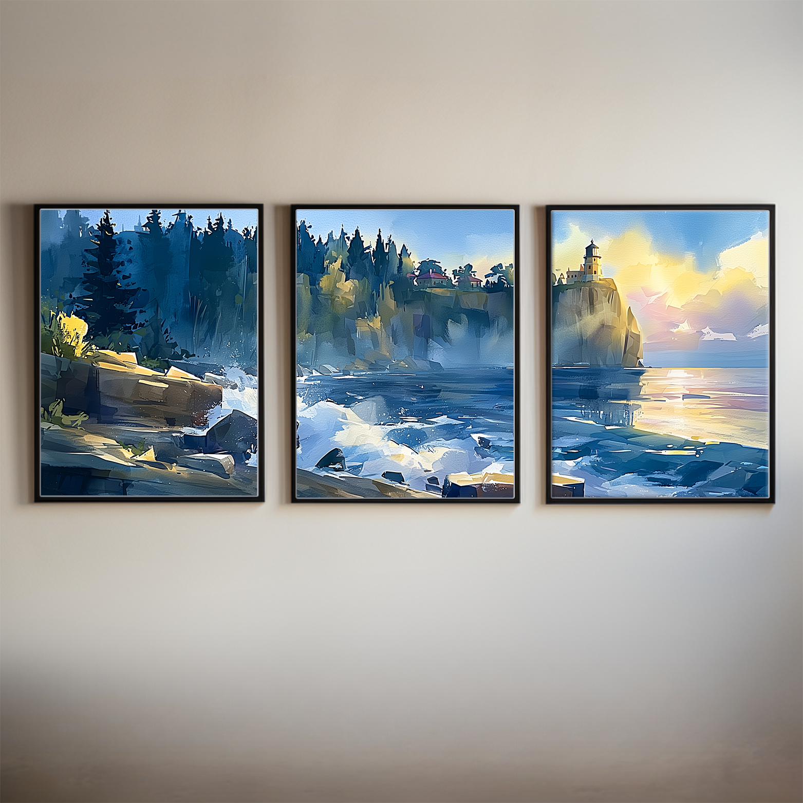 Lake Superior North Shore Minnesota Watercolor Triptych Wall Art, Set of 3 Lighthouse Prints