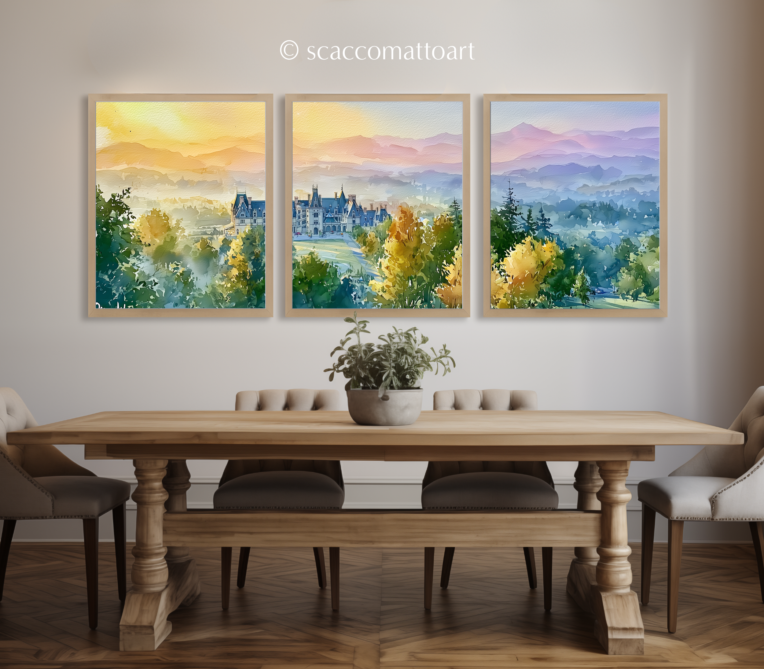 biltmore-estate-blue-ridge-mountains-north-carolina-watercolor-triptych-wall-art-dining-room.webp