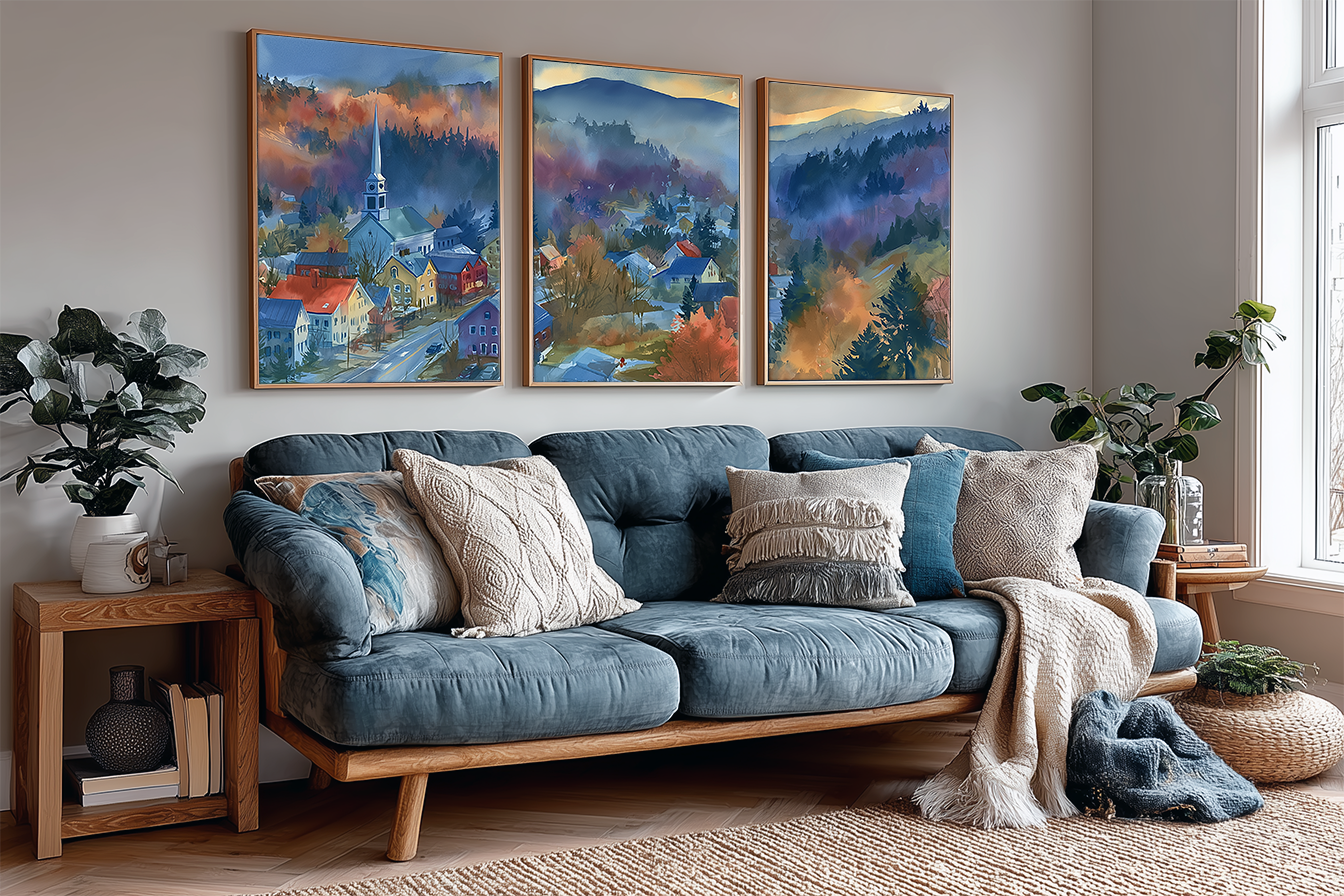 downtown-stowe-vermont-watercolor-triptych-wall-art-angle-living-room.webp