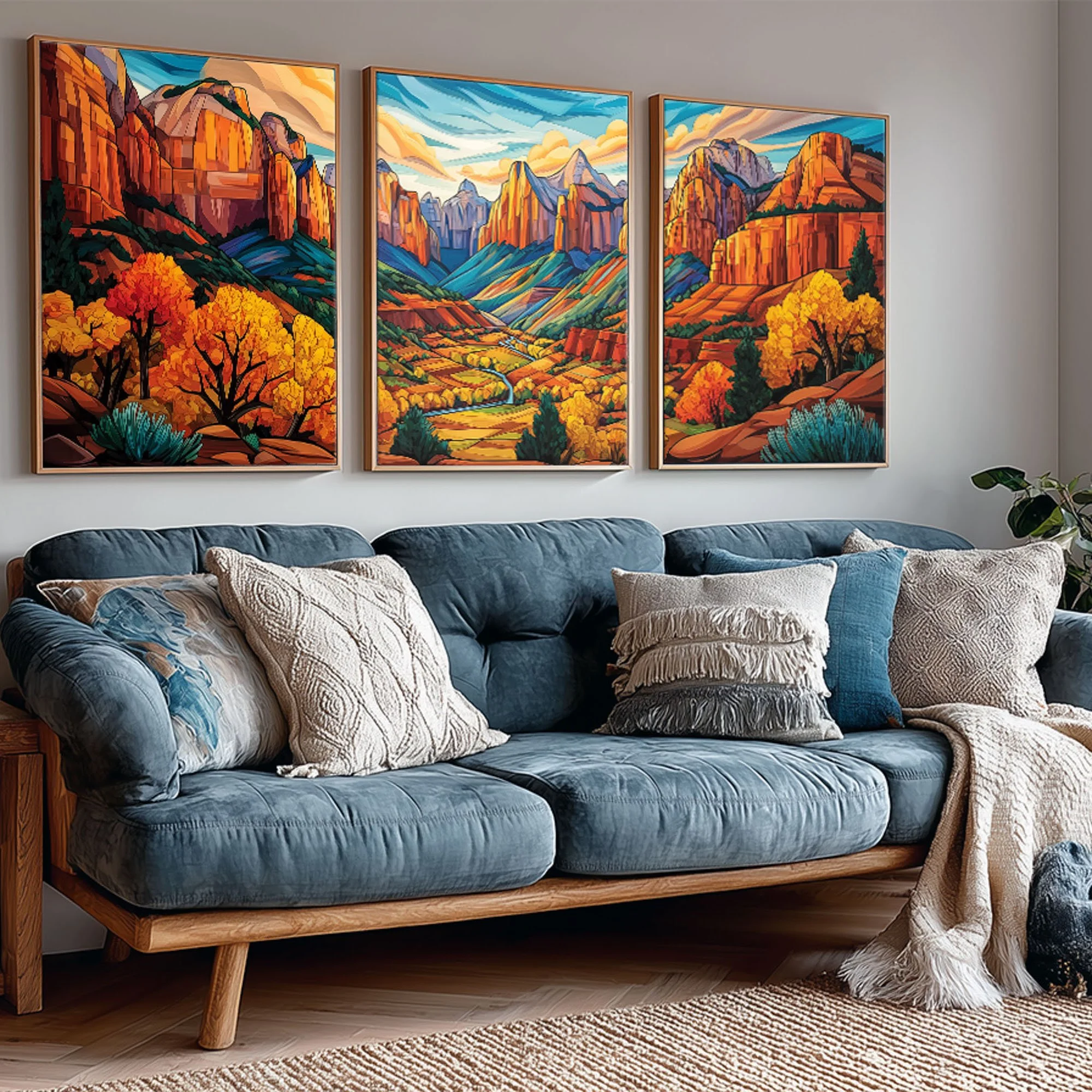 Kolob Canyons in fall abstract acrylic triptych displayed above a blue sofa in a cozy living room.