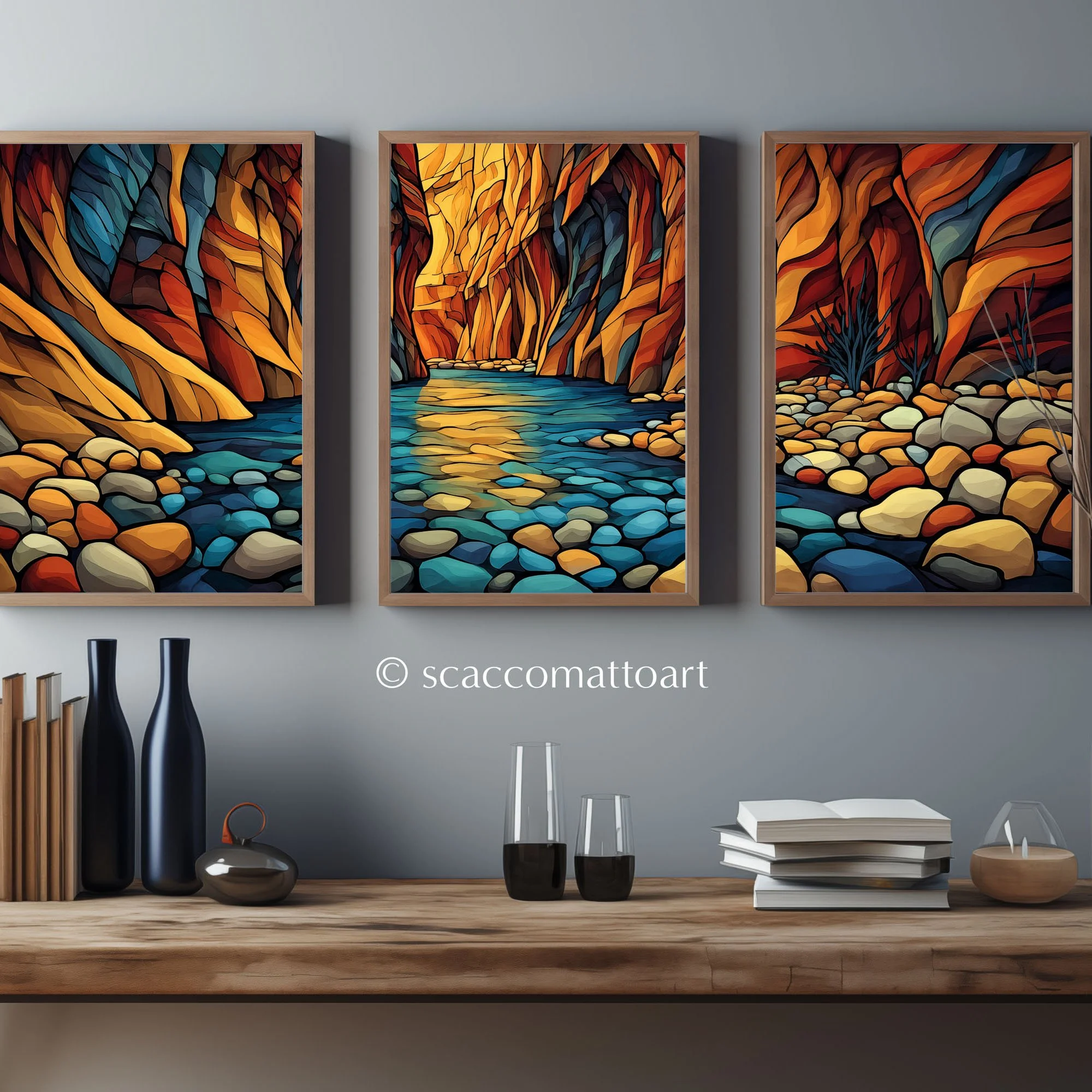 Zion National Park Zion Narrows Smooth Pebbles abstract acrylic triptych framed above a wooden console table