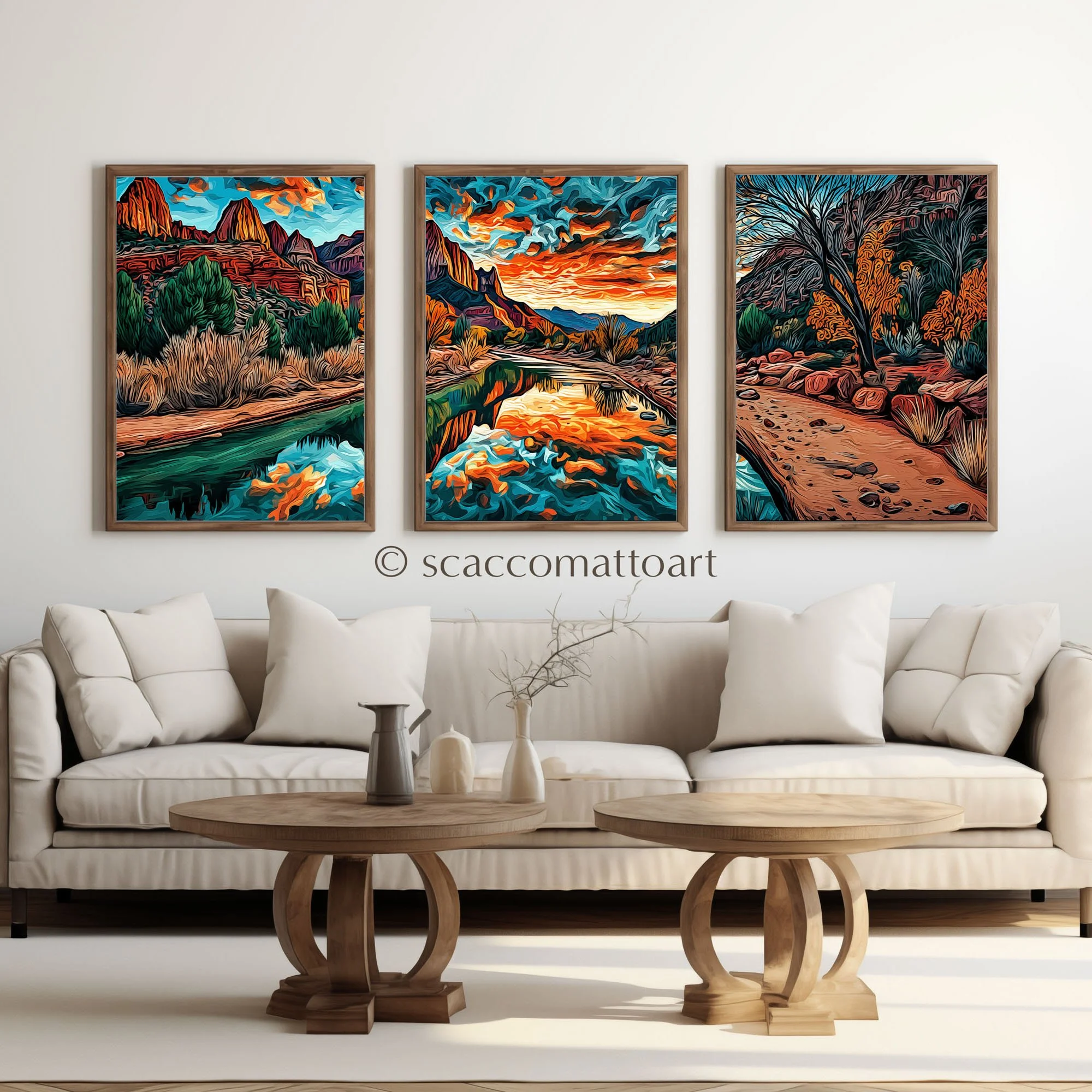 Zion National Park Watchman Mountains at Sunset abstract acrylic giclée triptych displayed above a cream living room sofa