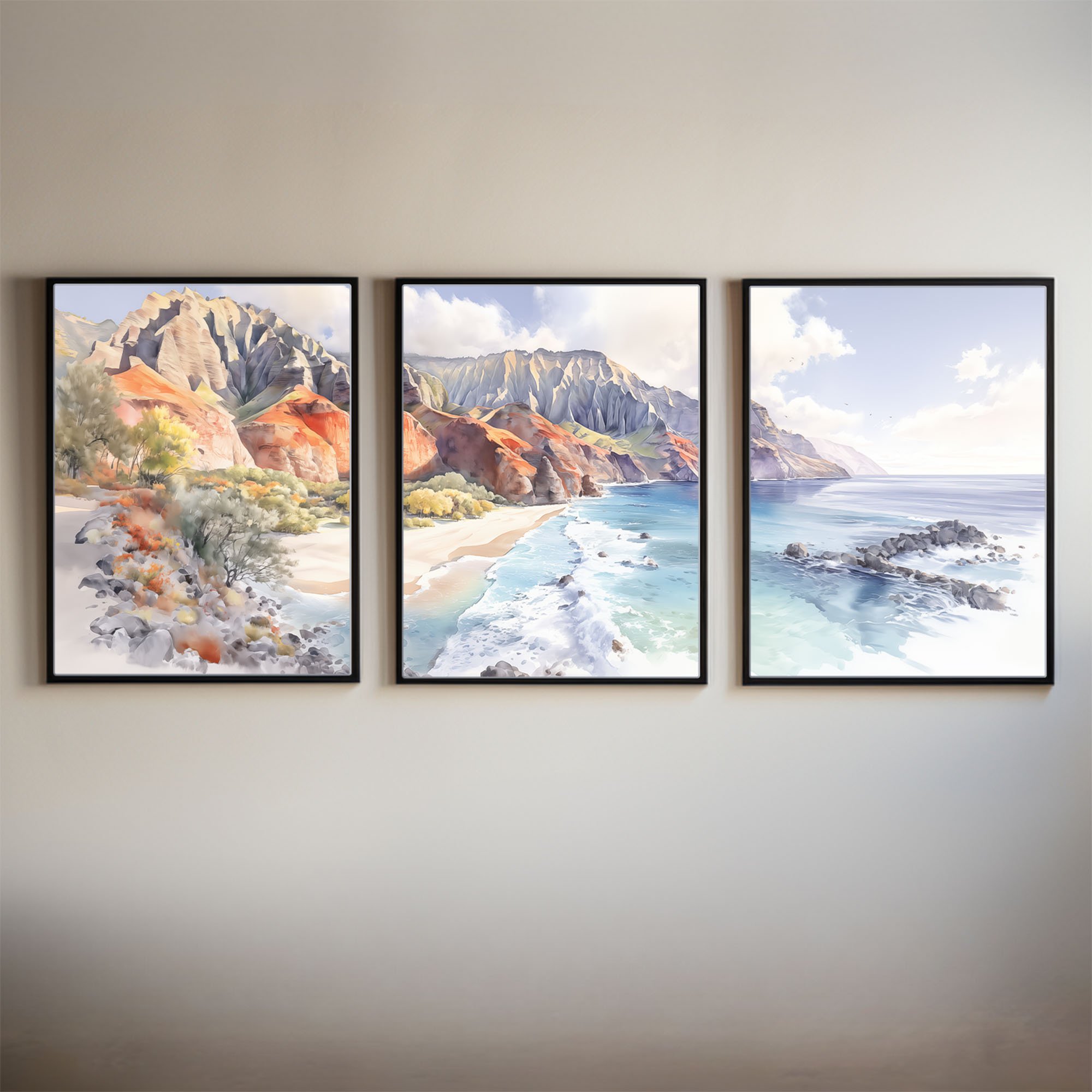 Na Pali Coast Watercolor Triptych Fade to White Panorama Wall Art Print Set