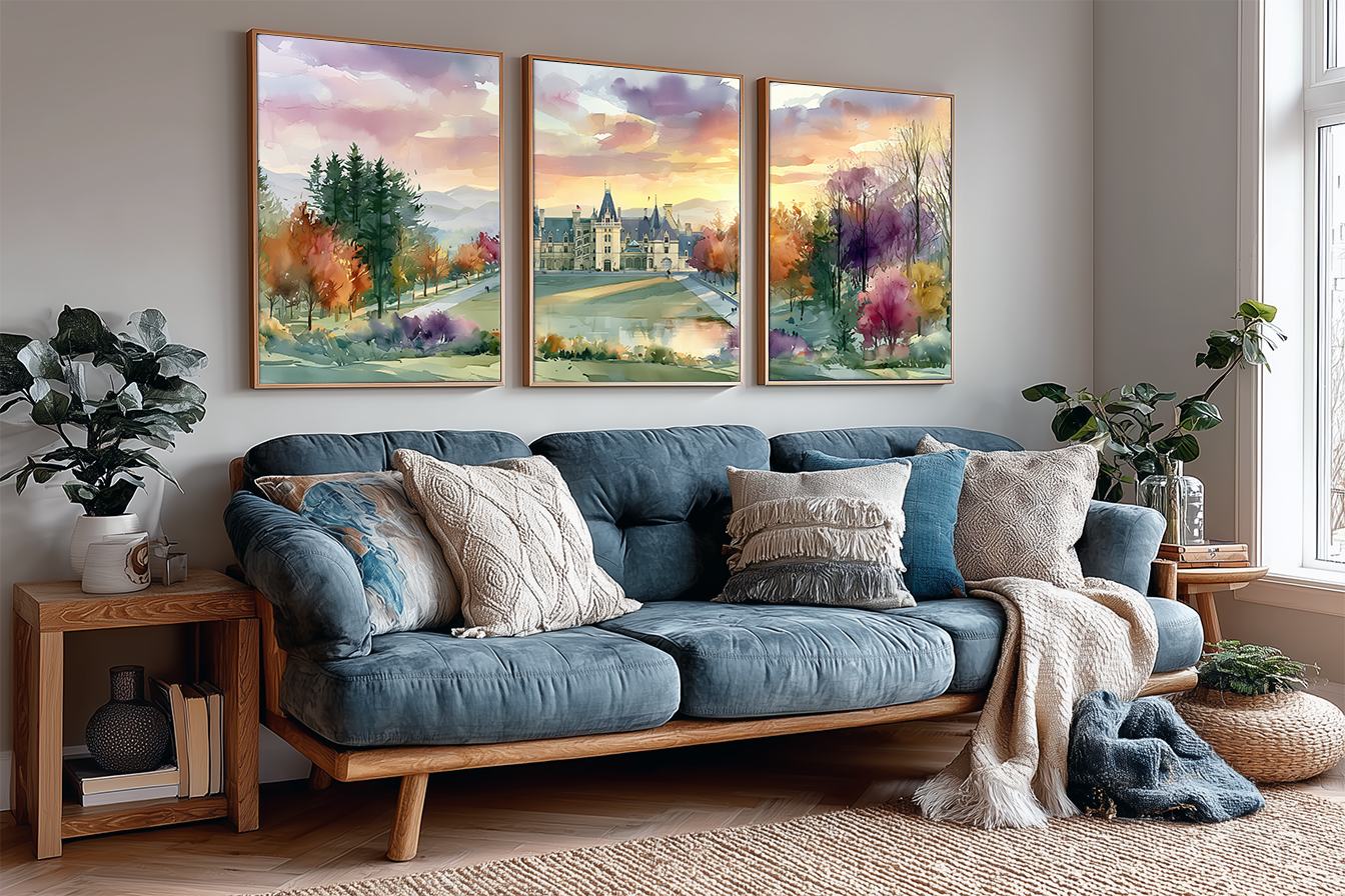 biltmore-estate-asheville-north-carolina-watercolor-triptych-wall-art-angle-living-room.webp