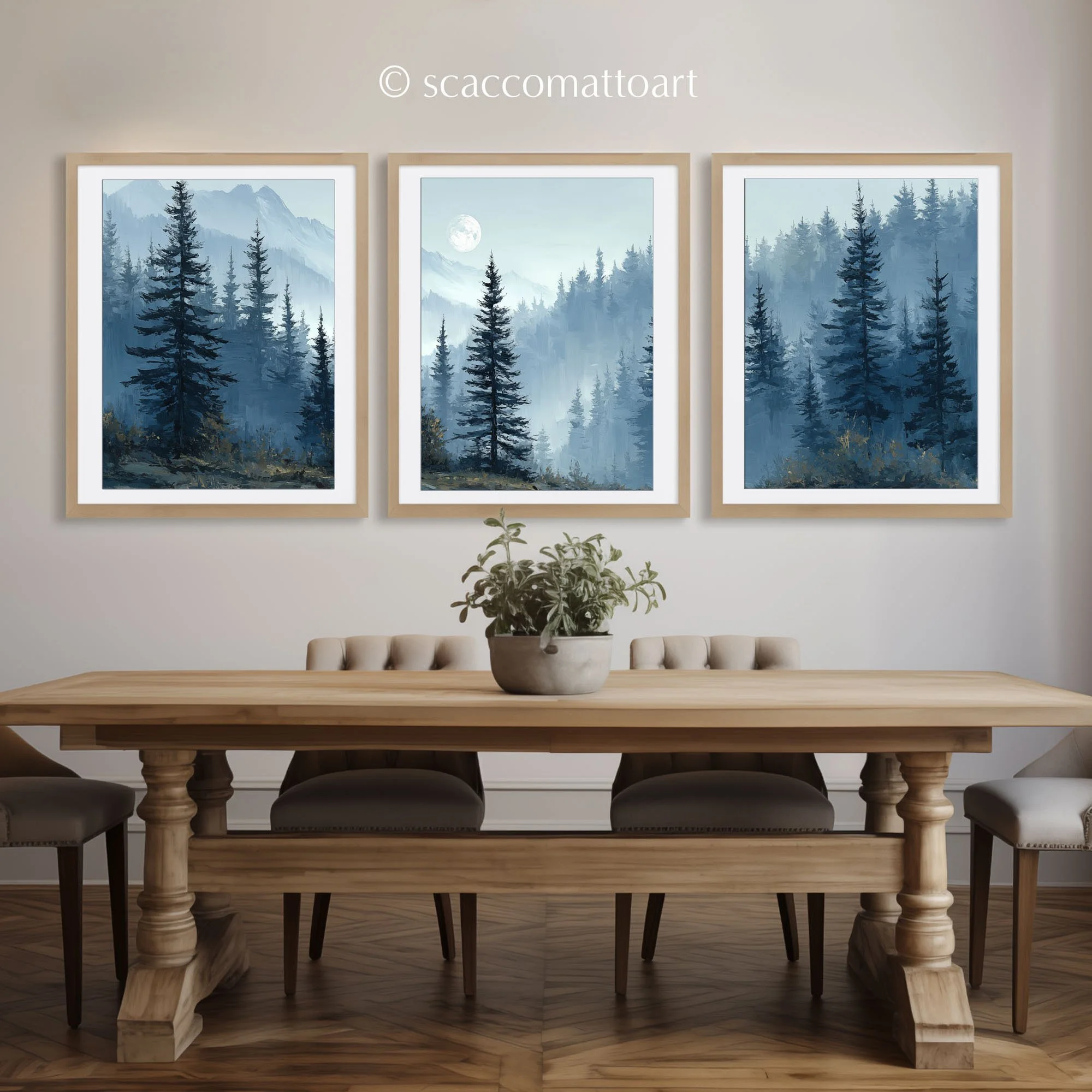 Olympic National Park by Moonlight watercolor triptych displayed above a rustic dining table