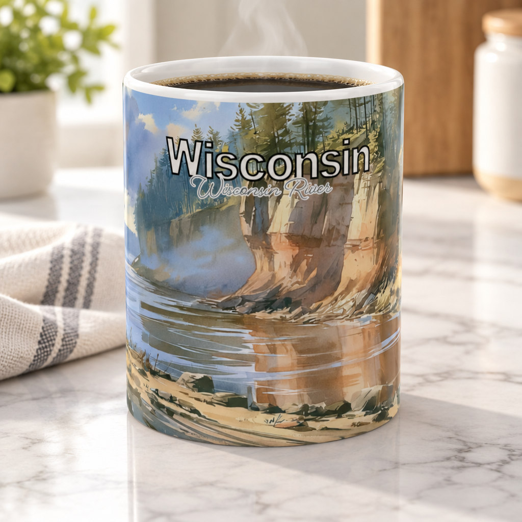 Steaming coffee mug with a Wisconsin river sandstone cliff watercolor design on a marble counter