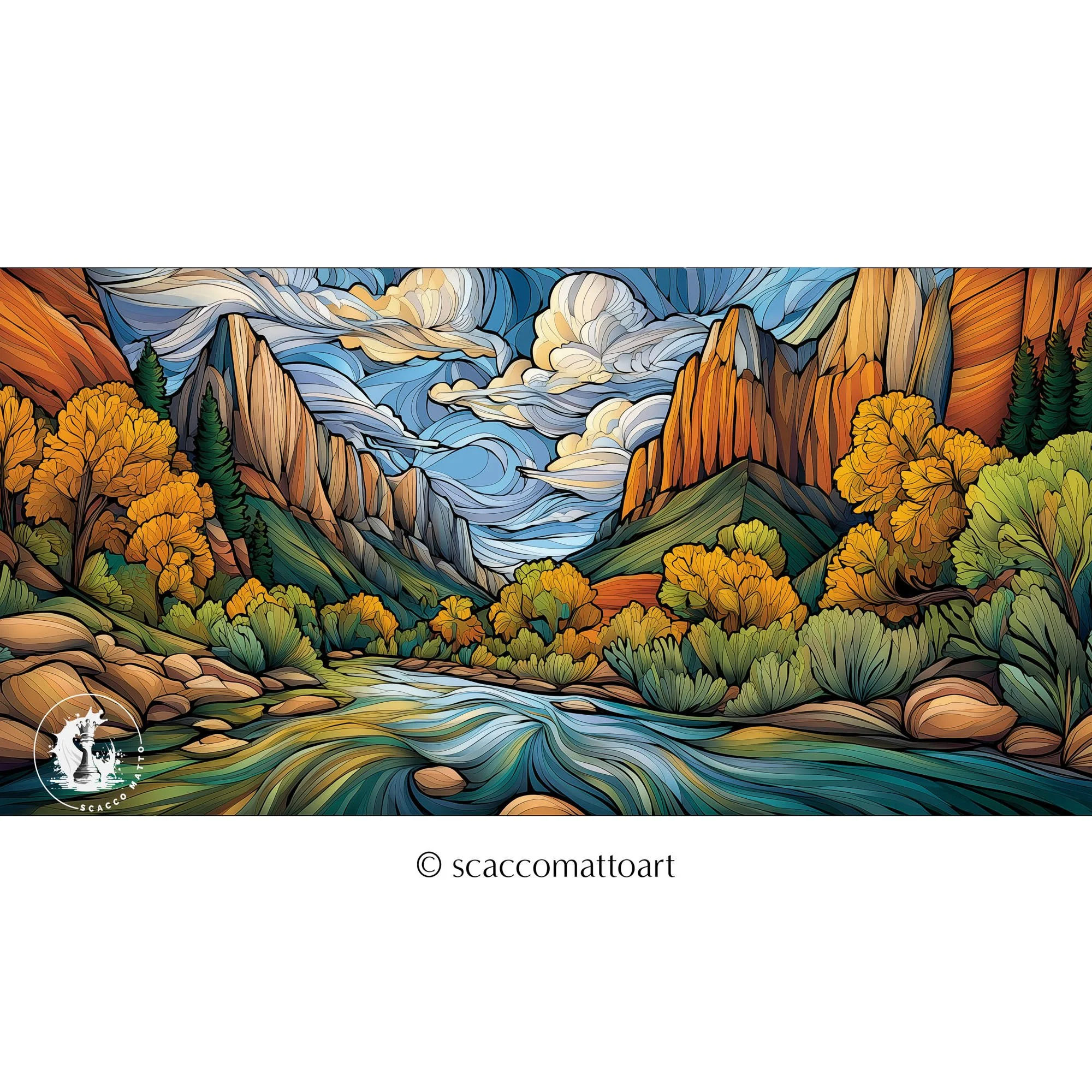 Panoramic Kolob Canyons Zion National Park abstract acrylic landscape print with layered clouds, sandstone cliffs, golden foliage, and a winding blue river.