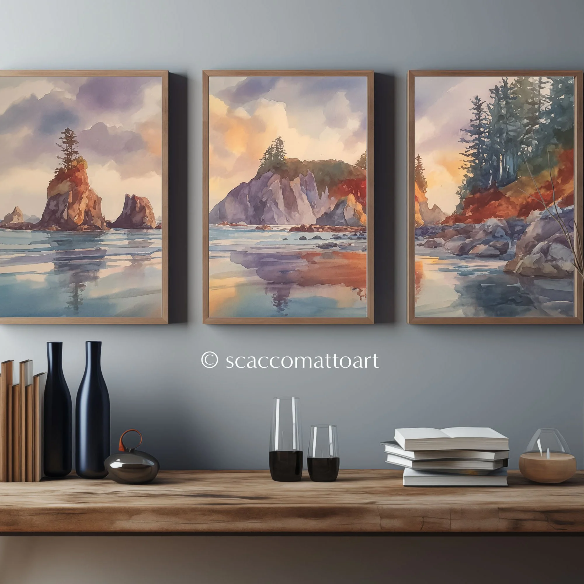 Olympic National Park Coastal Sunset Fireworks triptych framed above a wooden console table