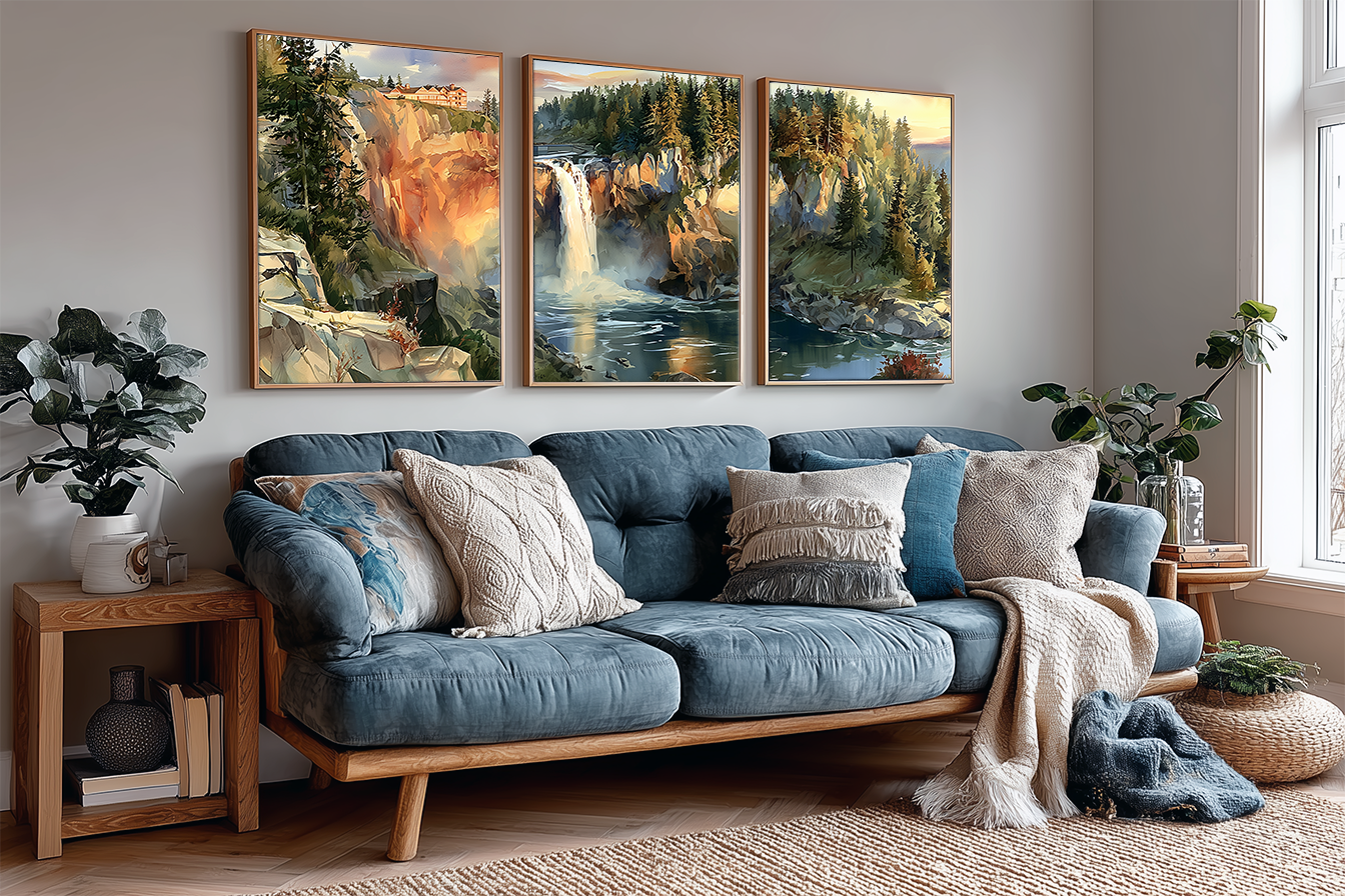 snoqualmie-falls-sunrise-watercolor-triptych-wall-art-set-of-3-washington-waterfall-prints-angle-living-room.webp