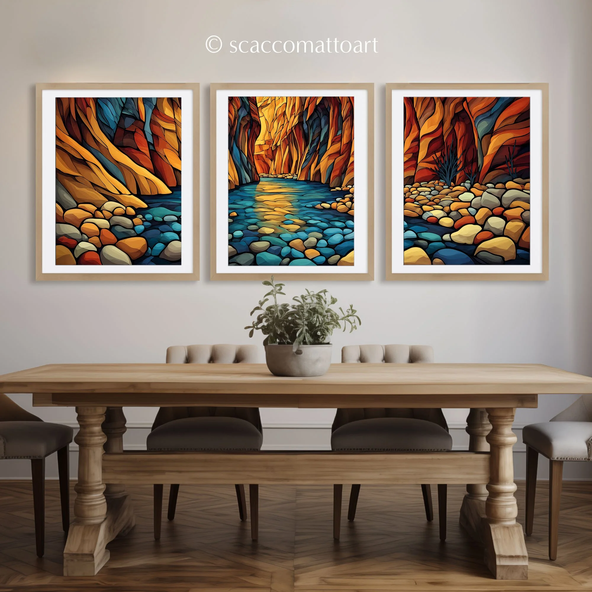 Zion National Park Zion Narrows Smooth Pebbles abstract acrylic triptych displayed above a rustic dining table