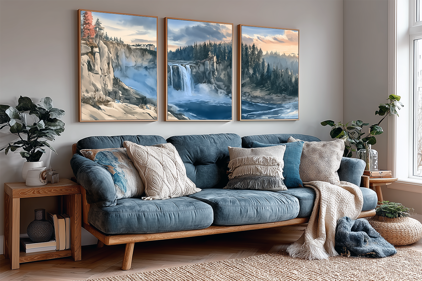 snoqualmie-falls-sunset-watercolor-triptych-wall-art-set-of-3-washington-waterfall-prints-angle-living-room.webp