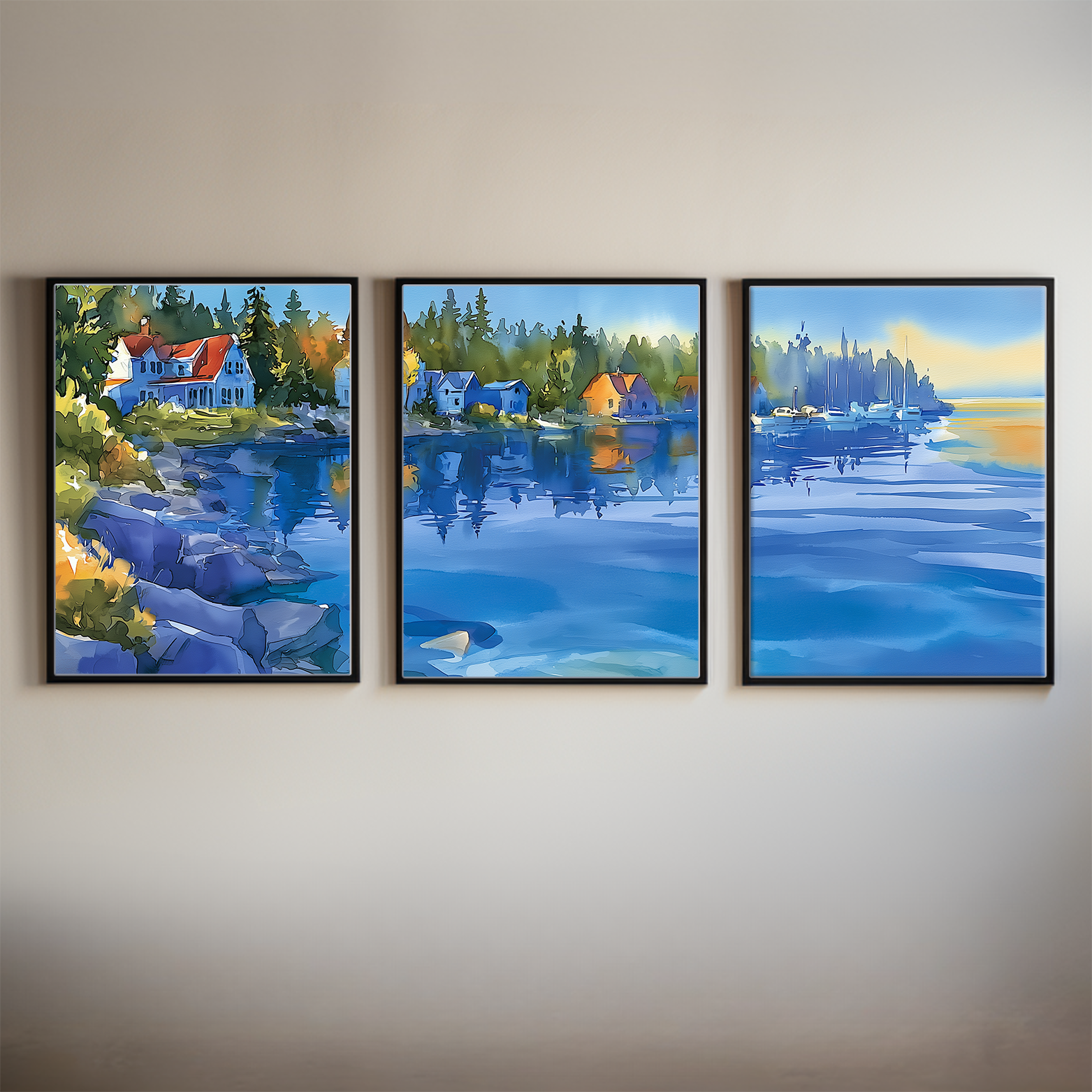 Door County Harbor Wisconsin Watercolor Triptych Print, Blue Lakefront Cove Wall Art