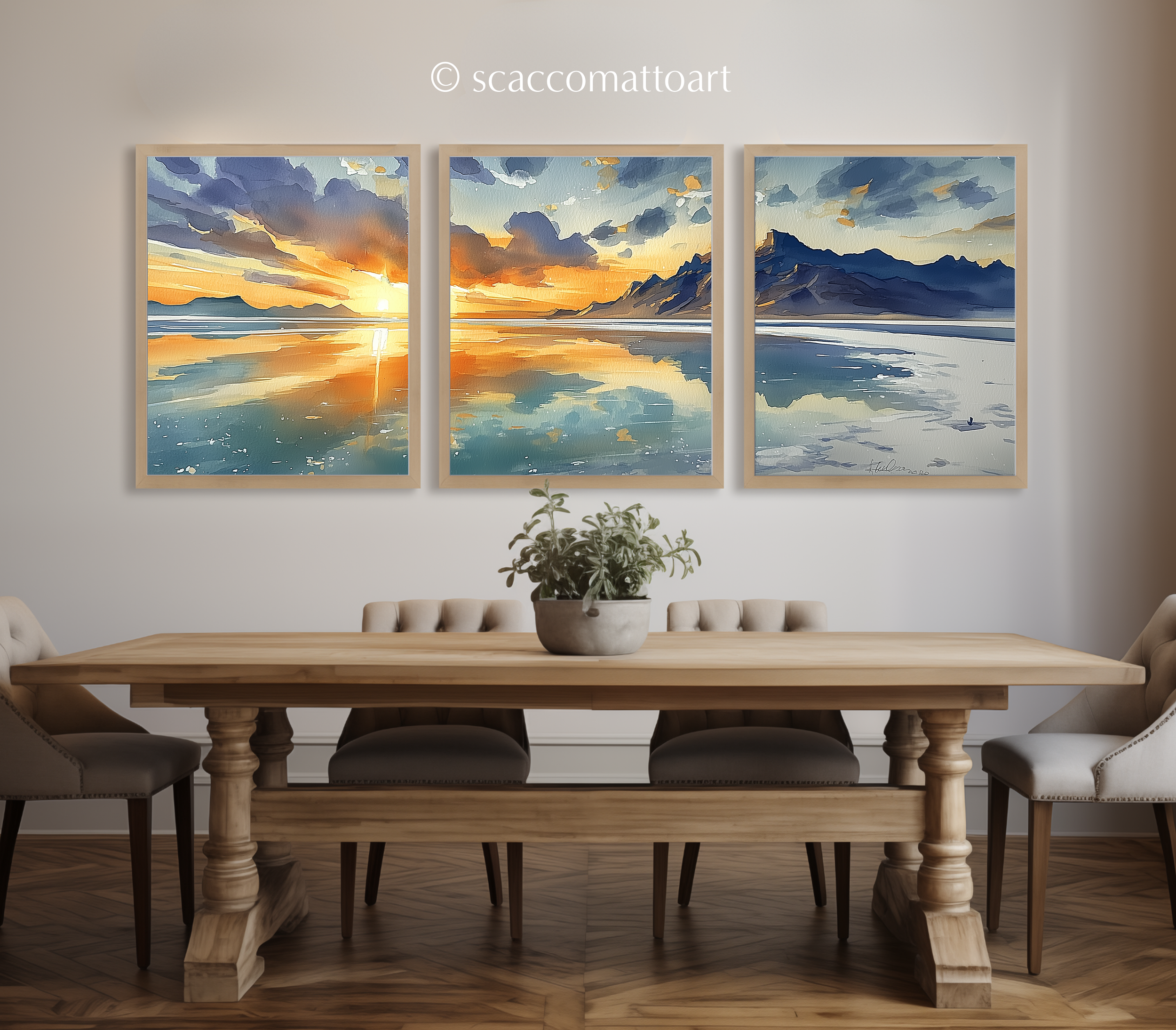 bonneville-salt-flats-sunset-utah-watercolor-triptych-wall-art-dining-room.webp