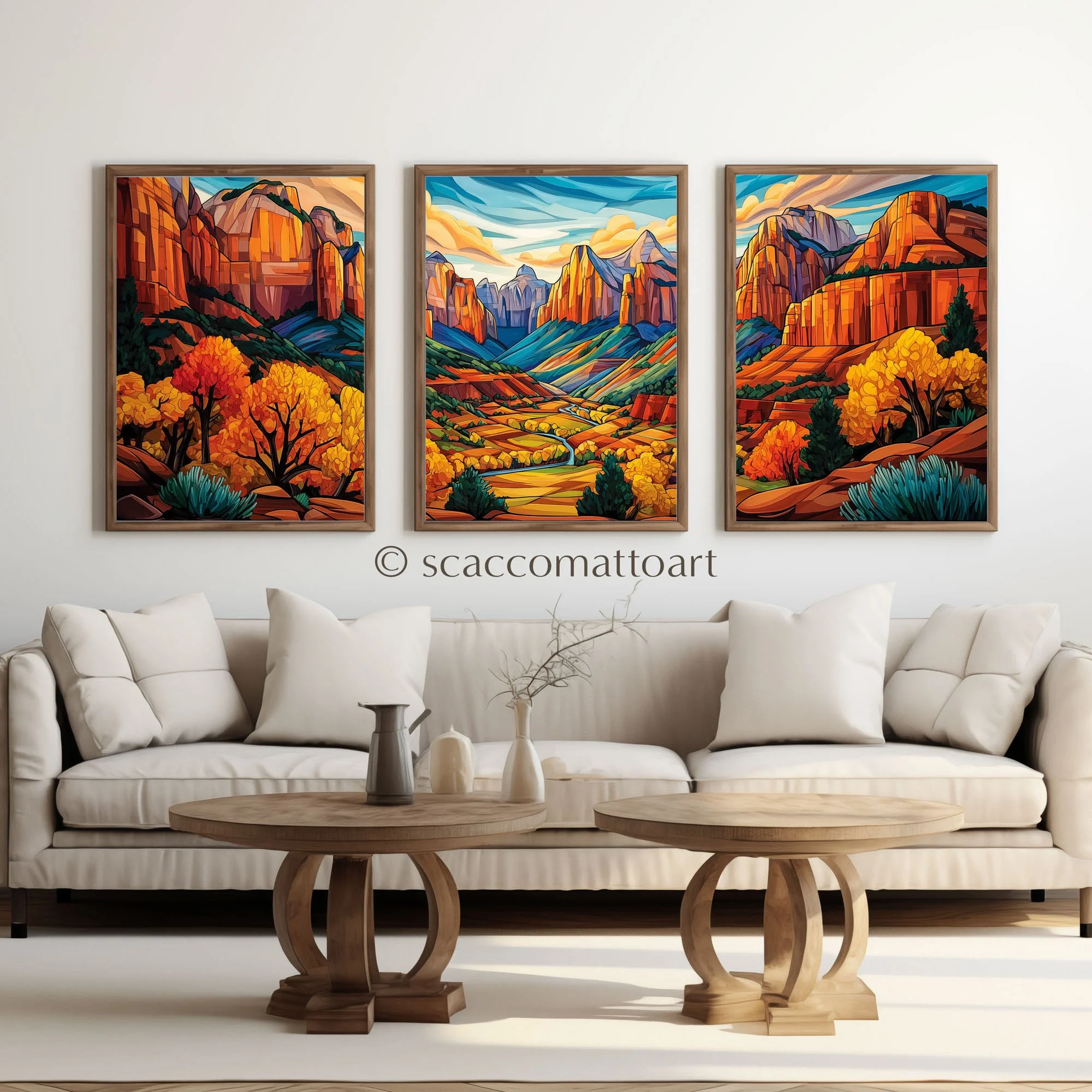 Framed Kolob Canyons in fall abstract acrylic triptych displayed above a cream sofa in a bright living room.
