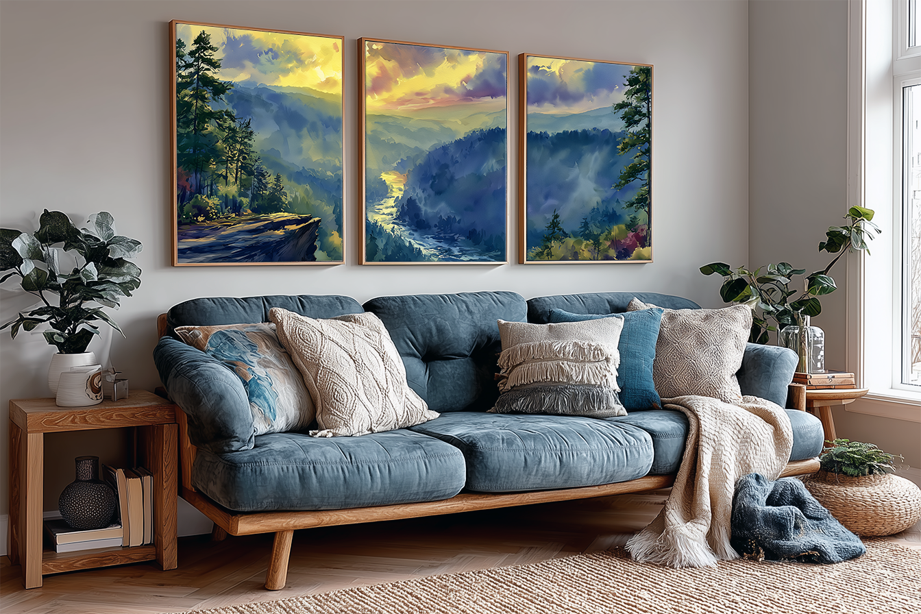blue-ridge-mountain-river-north-carolina-watercolor-triptych-wall-art-angle-living-room.webp