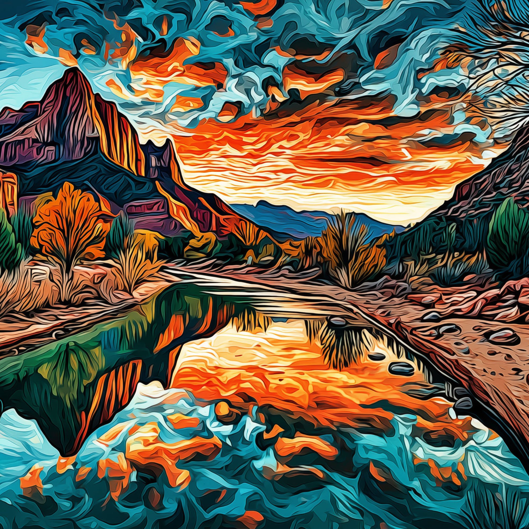 Center panel of Zion National Park Watchman Mountains at Sunset triptych featuring glowing sunset reflections and canyon view