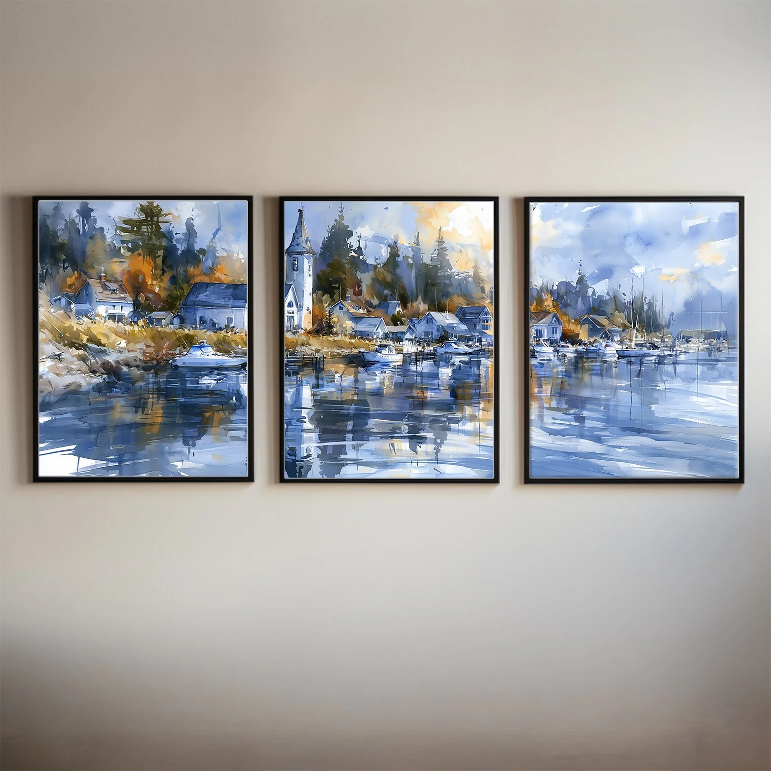 Door County Harbor Wisconsin Watercolor Triptych Print, Coastal Village Wall Art