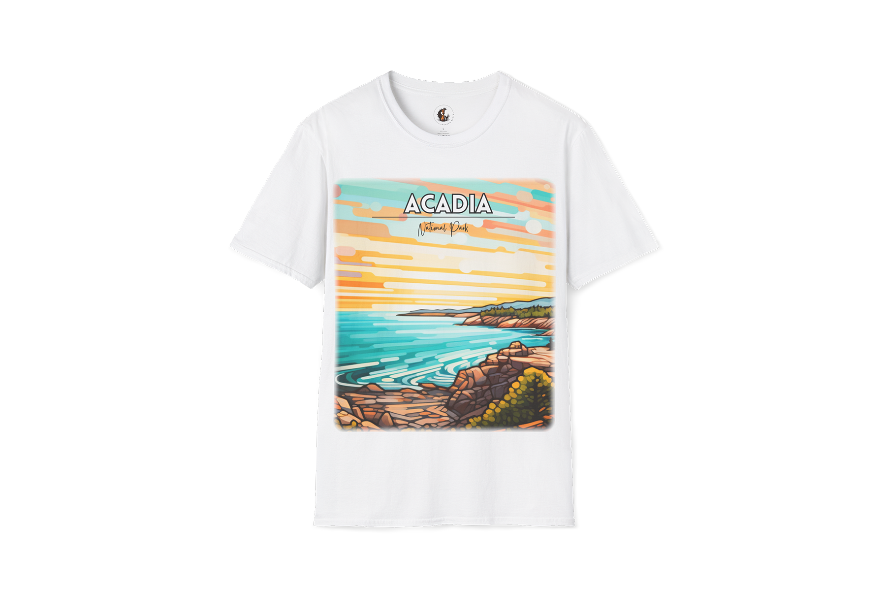 White Acadia National Park T-shirt with colorful sunset shoreline artwork and park name printed on the front.