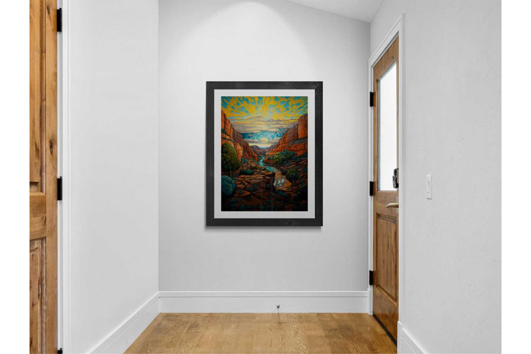 A colorful painting of a canyon landscape with a waterfall, trees, and a sunset hangs on a white wall in a room with wooden doors and hardwood floors.