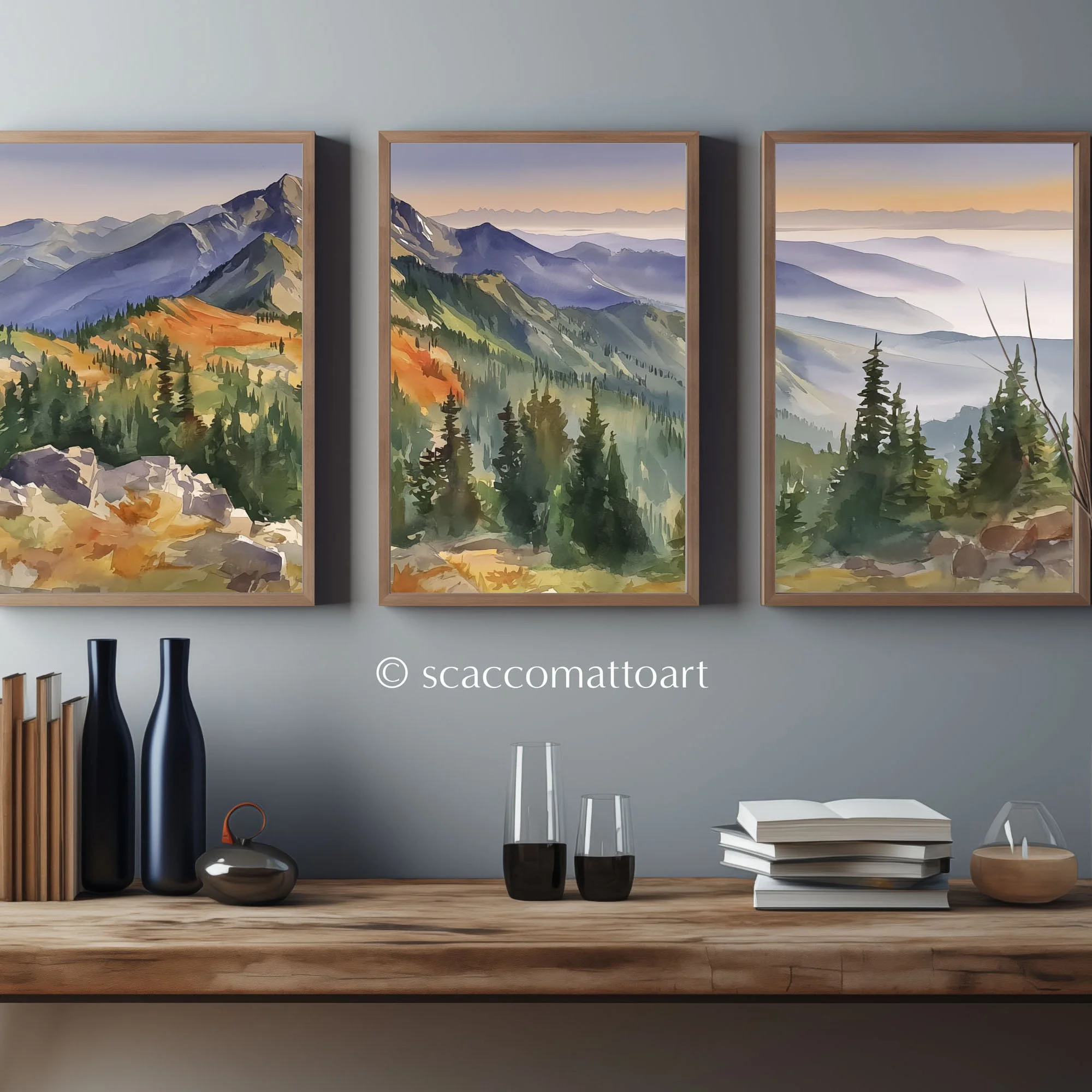 Olympic National Park Distant Mist watercolor triptych framed above a wooden console table