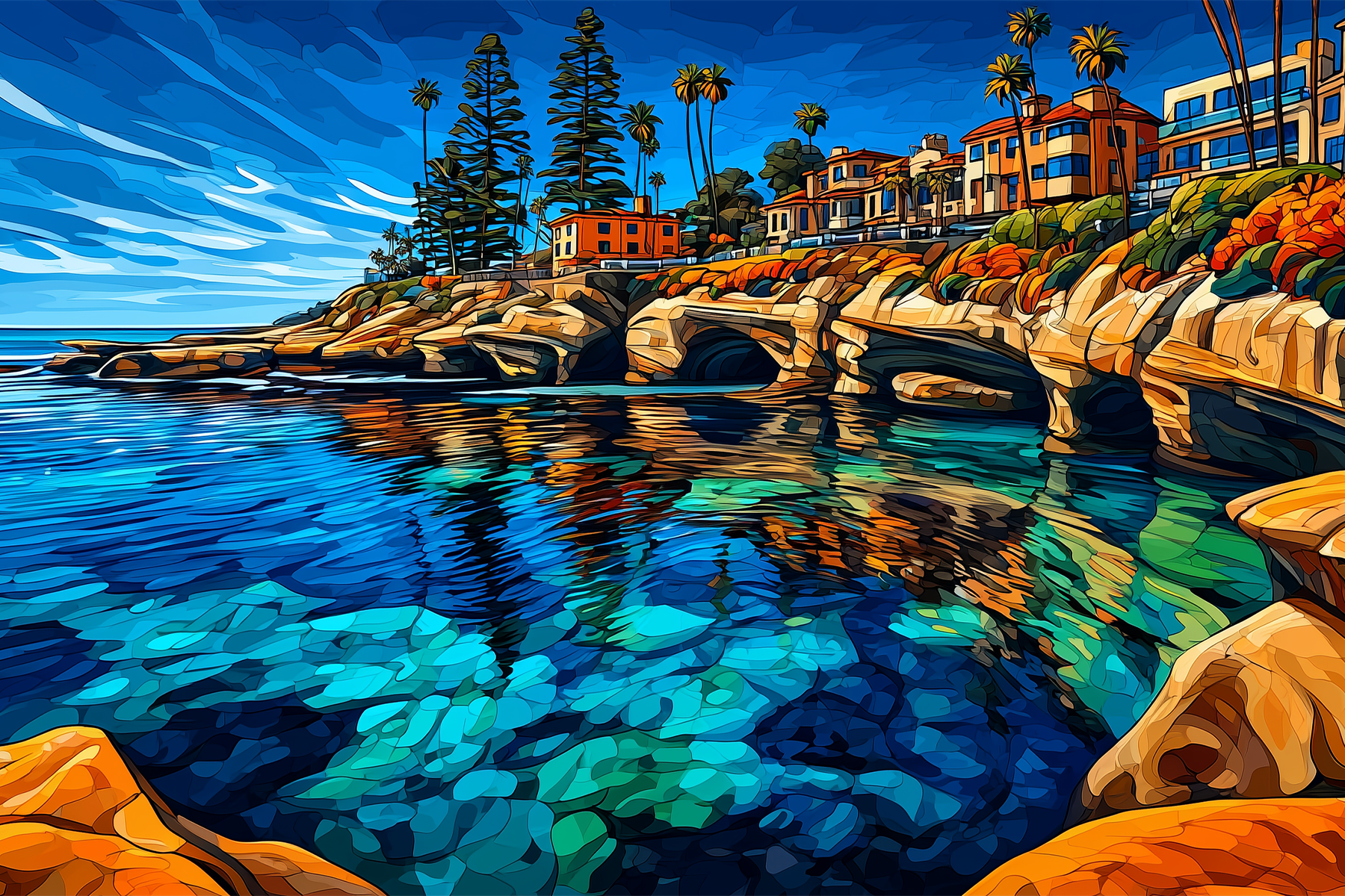 Southern California coastal landscape art featuring beaches, cliffs, and warm ocean tones