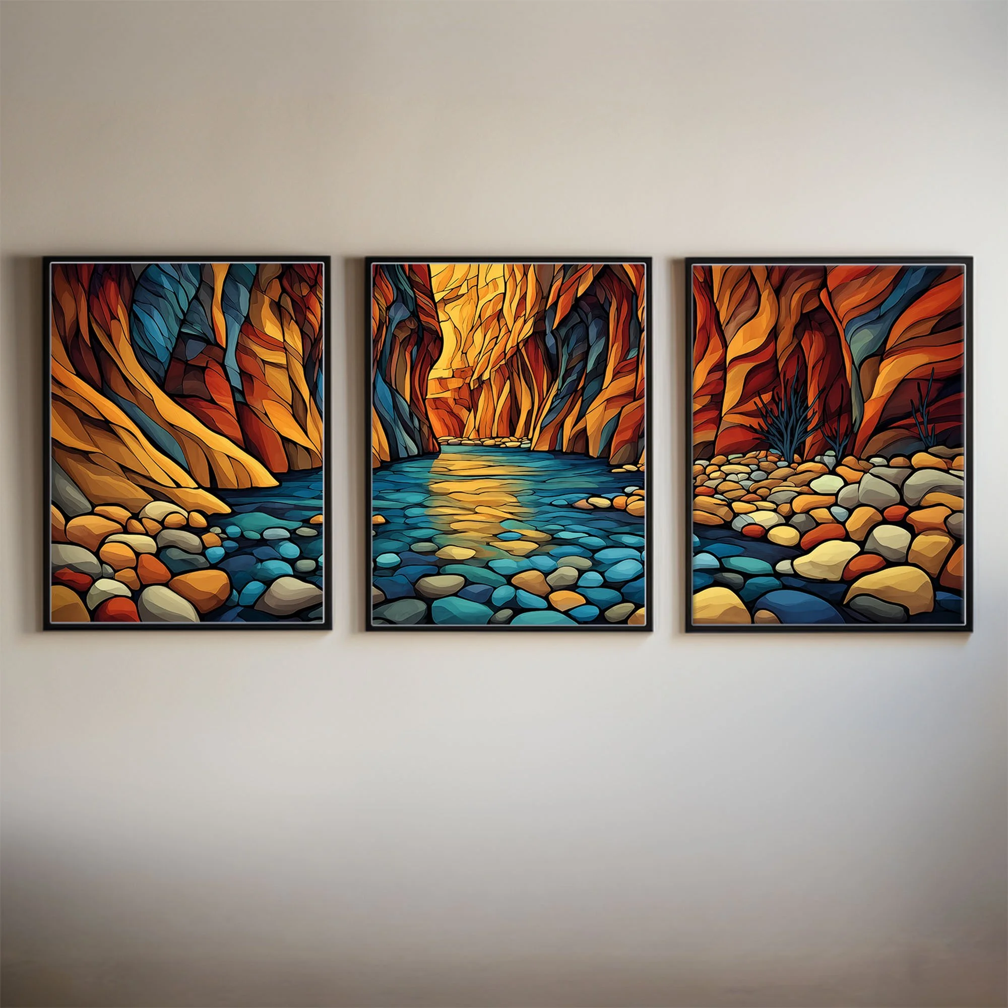 Zion National Park Zion Narrows Smooth Pebbles Abstract Acrylic Triptych Print | Framed or Unframed Wall Art