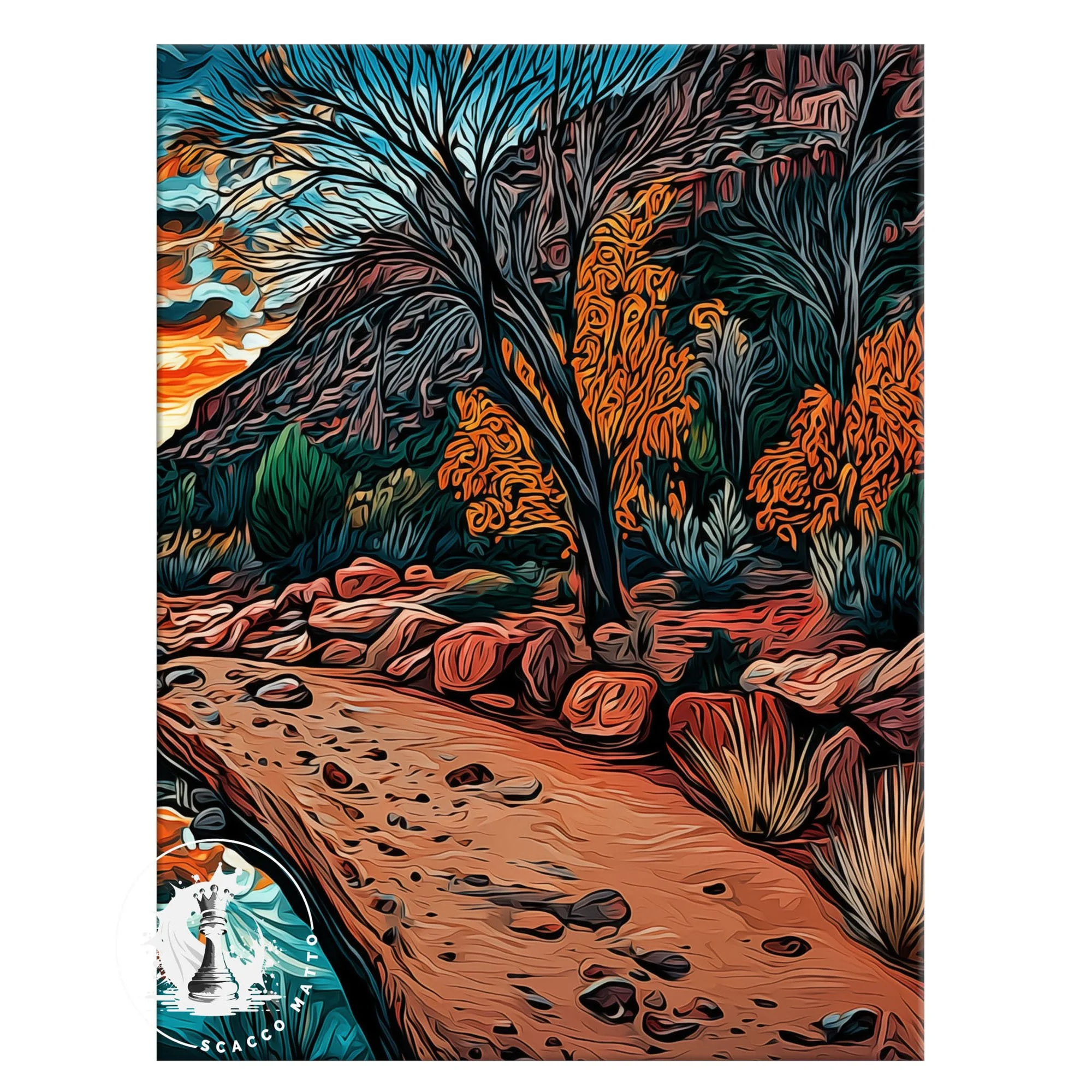 Close-up of Zion National Park Watchman Mountains at Sunset abstract acrylic giclée artwork showing desert path, stream edge, and warm sunset tones