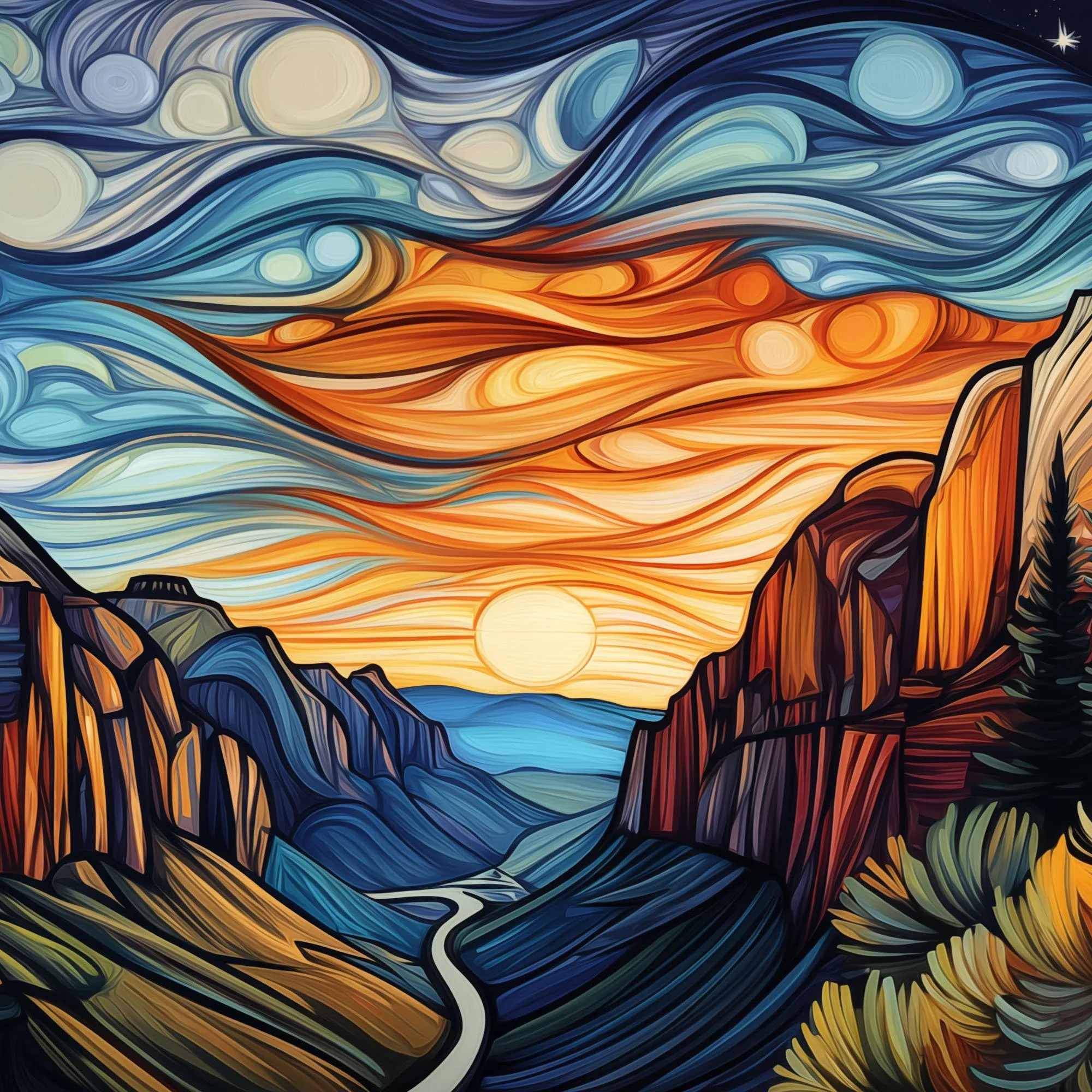Center panel of Zion National Park Zion Canyon Overlook Sunrise triptych featuring glowing sunrise sky and winding canyon view