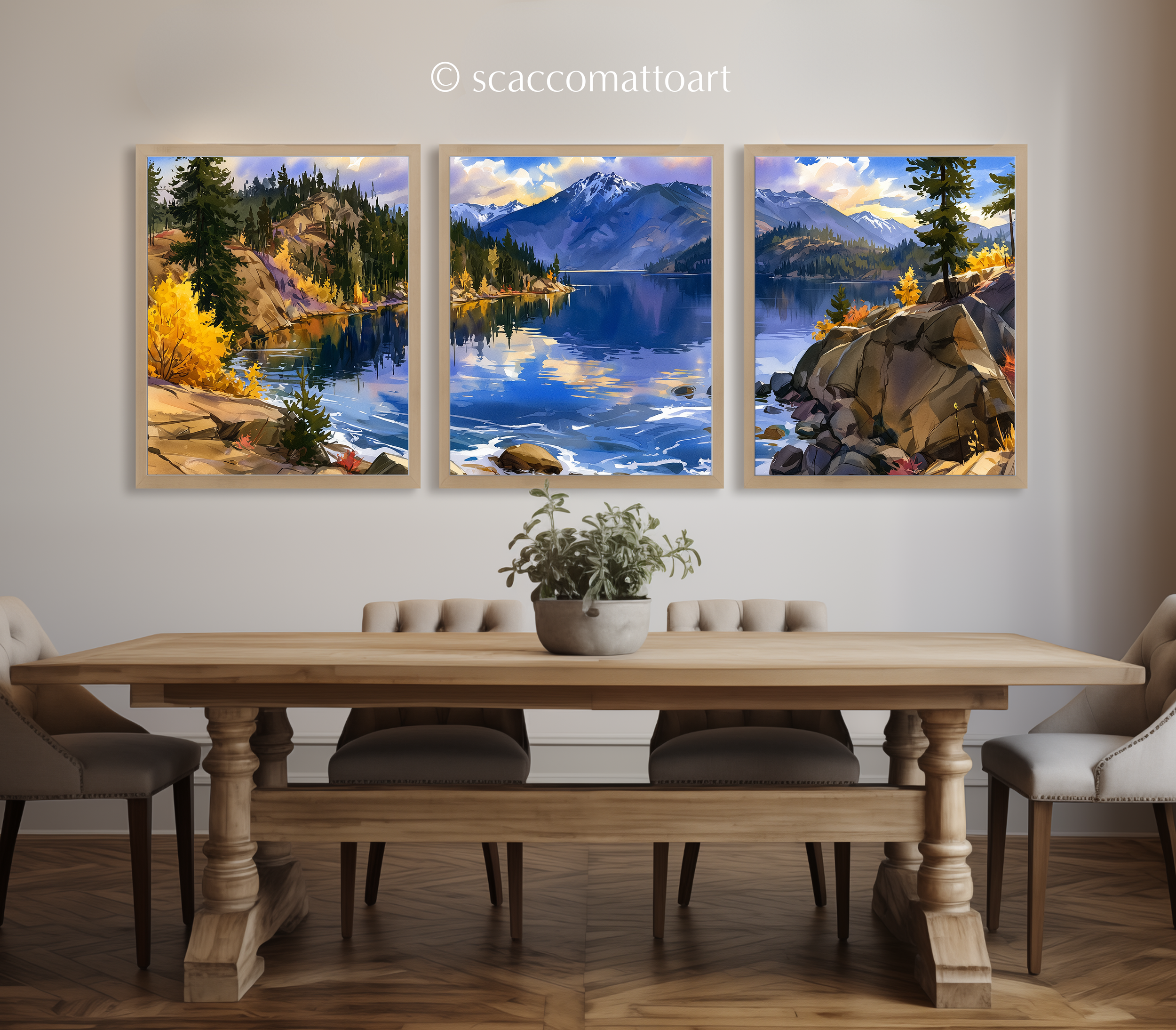 Three-panel Wisconsin lake watercolor wall art above a wooden dining table